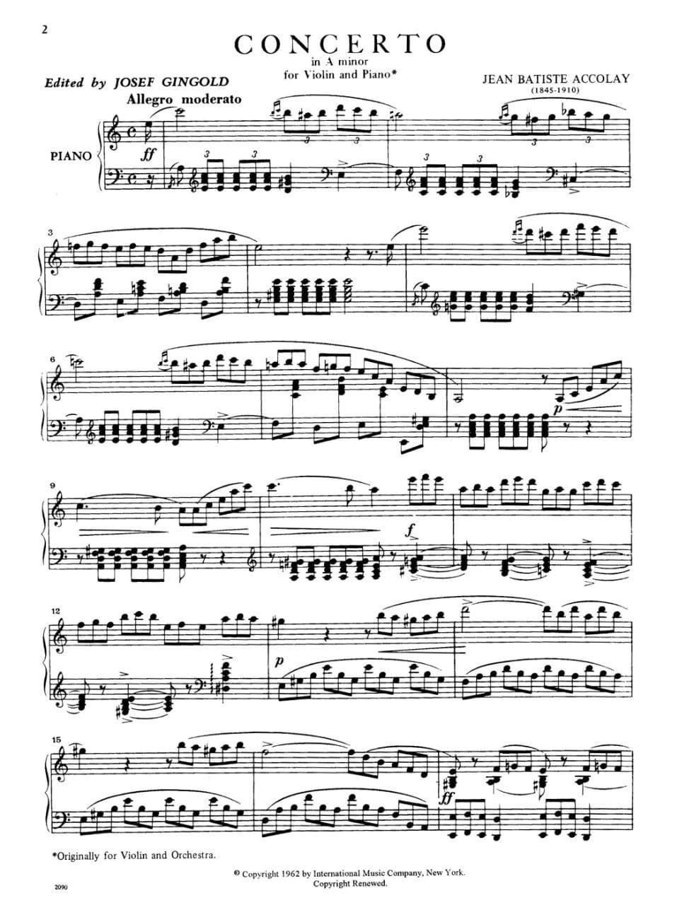 Accolay, JB - Concerto No 1 in a minor for Violin - Arranged by Josef Gingold - International Edition - Image 2