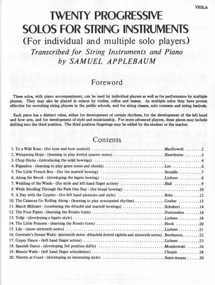 Applebaum, Samuel -20 Progressive Solos For String Instruments for Viola - Belwin/Mills Publication - Image 2