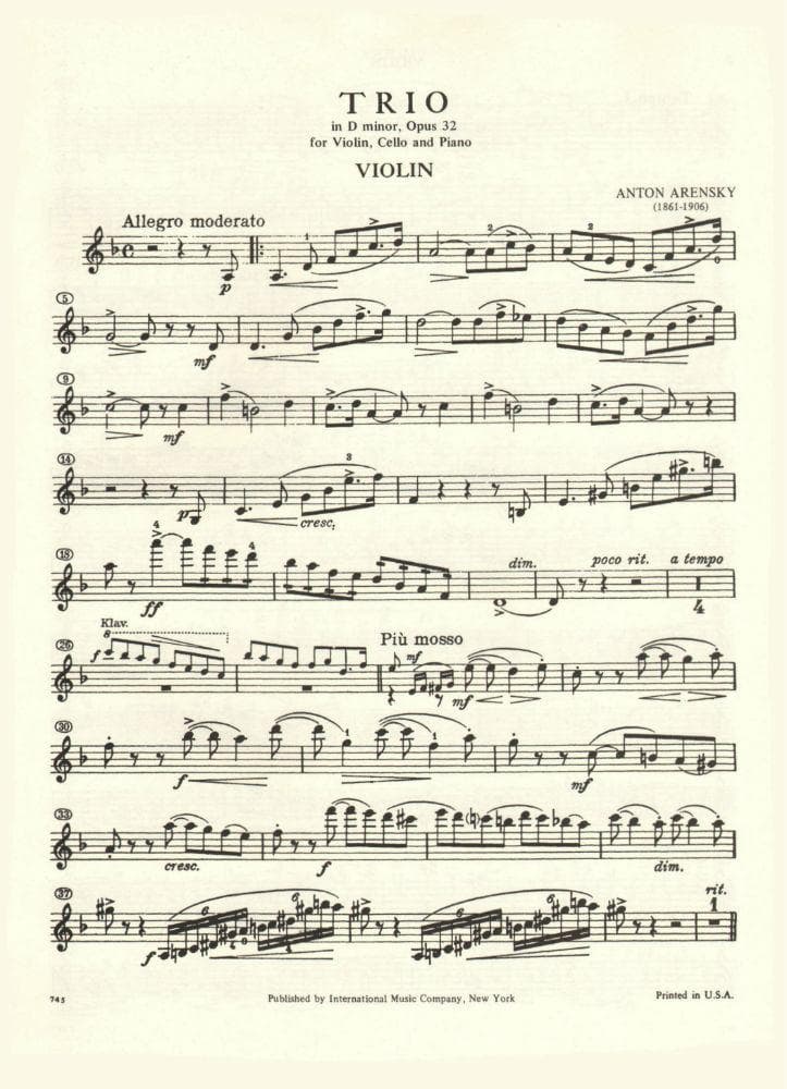 Arensky, Anton - Piano Trio No 1 in d minor, Op 32 for Violin, Cello and Piano - International Edition - Image 2