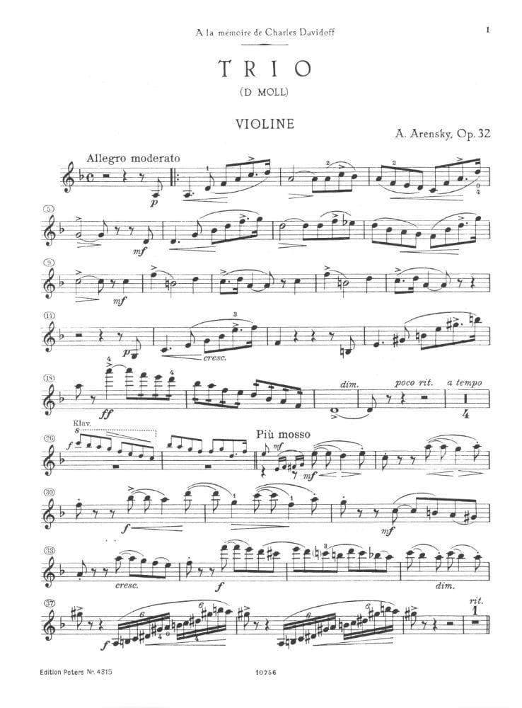 Arensky, Anton - Piano Trio No 1 in d minor, Op 32 for Violin, Cello and Piano - Peters Edition - Image 2