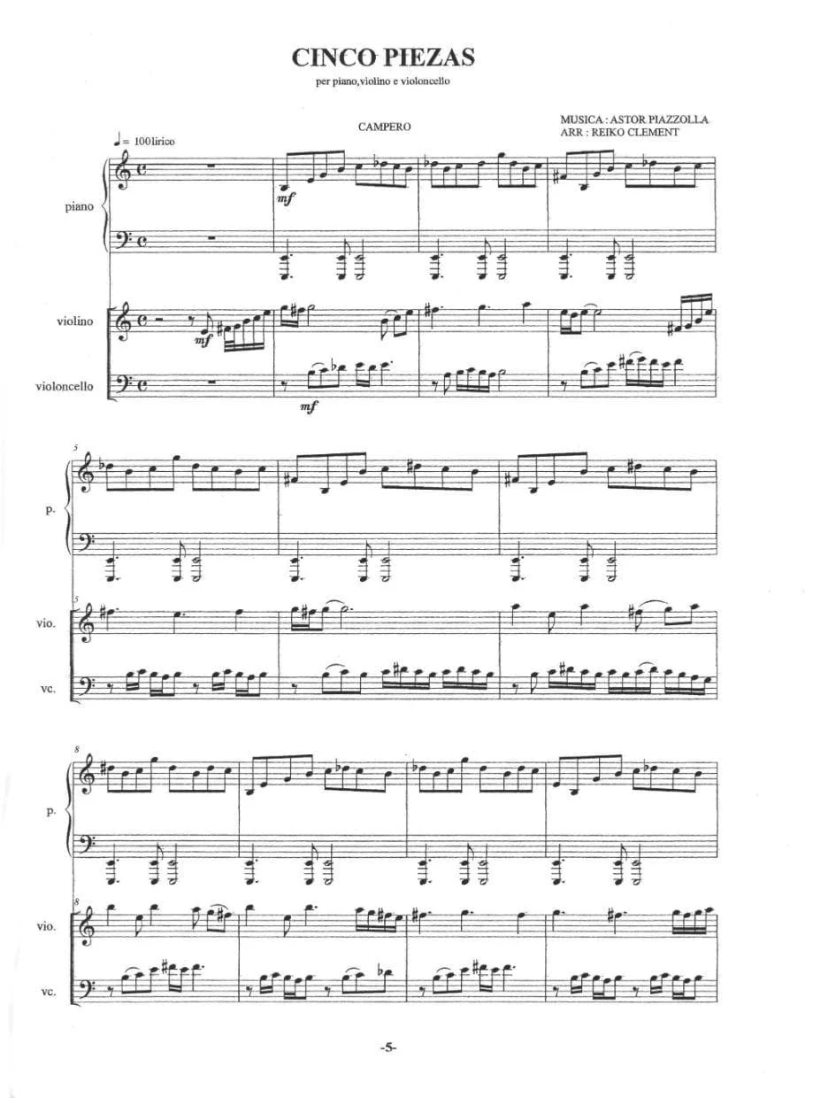 Piazzolla, Astor - Cinco Piezas (5 Pieces) - Violin, Cello, and Piano - Score and Parts - arranged by Reiko Clement - Bèrben Edition - Image 2
