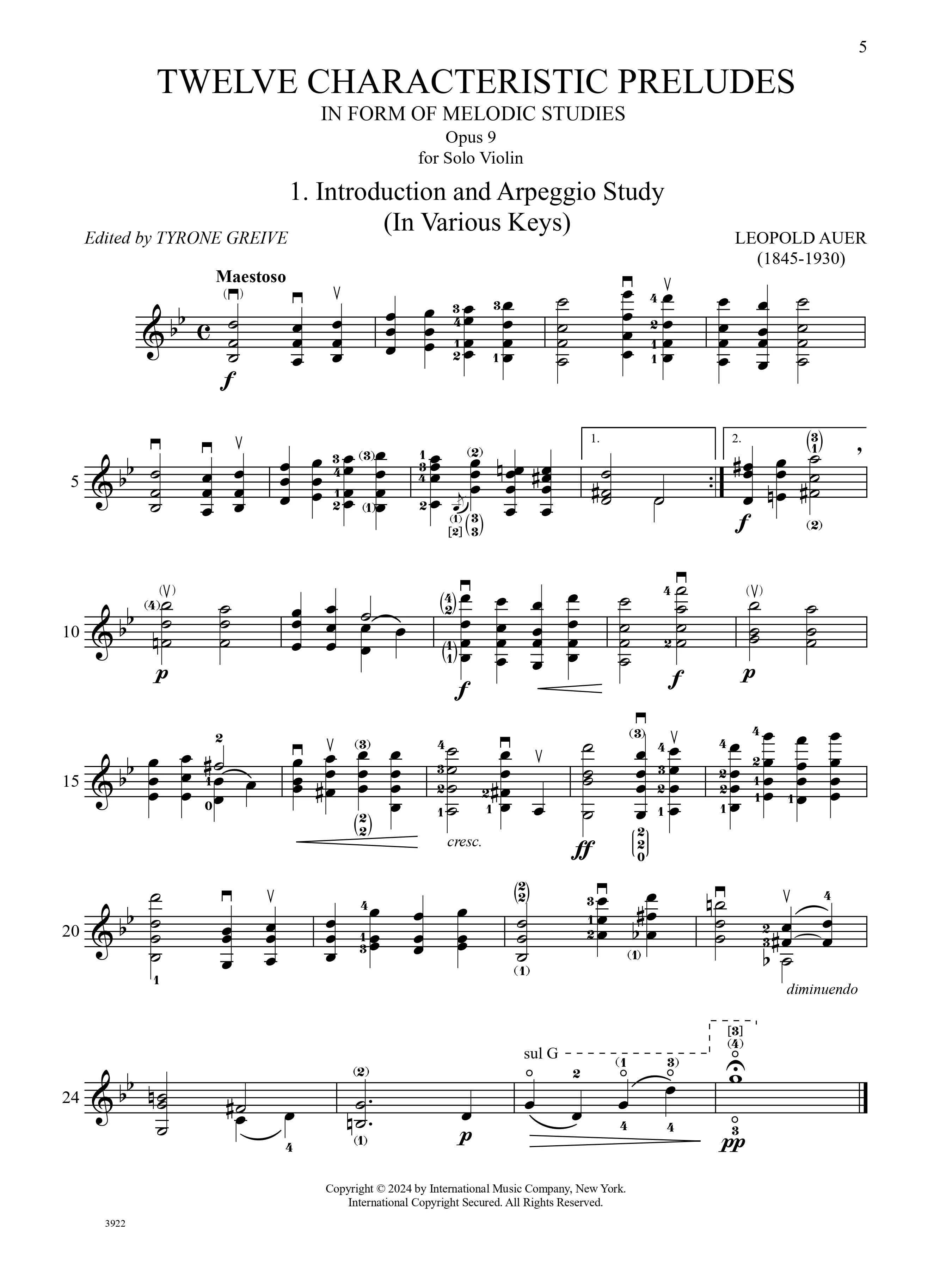 Auer, Leopold - Twelve Characteristic Preludes for Violin Solo, Op. 9 - Edited by Greive - International Music Co - Image 2