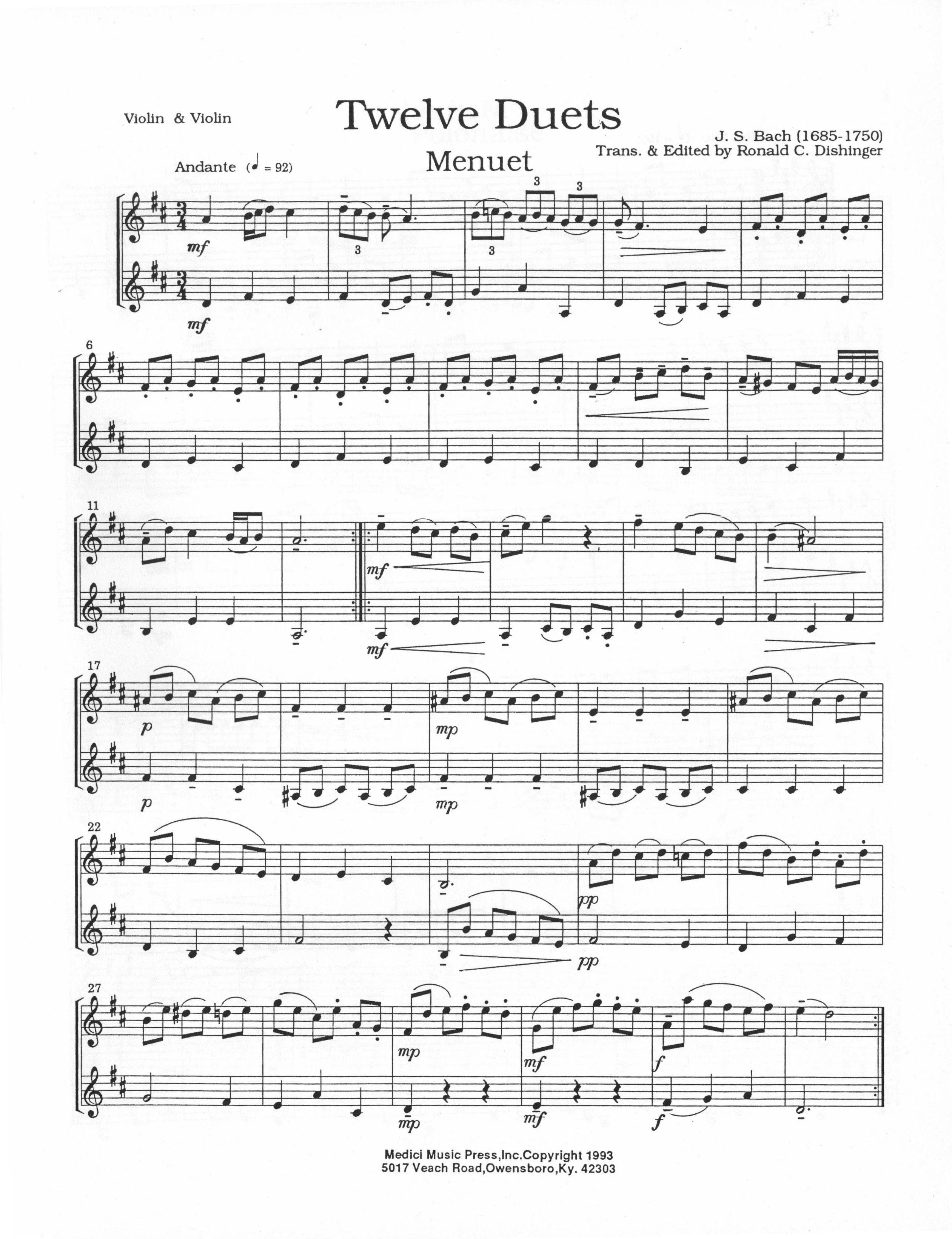 Bach, JS - 12 Duets (from Anna Magdalena Bach Notebook) - for Two Violins - arranged by Ronald C Dishinger - Medici Music Press - Image 2