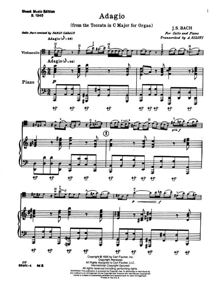 Bach, JS - Adagio From "Toccata in C Major" BWV 564 for Cello and Piano - Arranged by Siloti/Casals - Fischer Edition - Image 2
