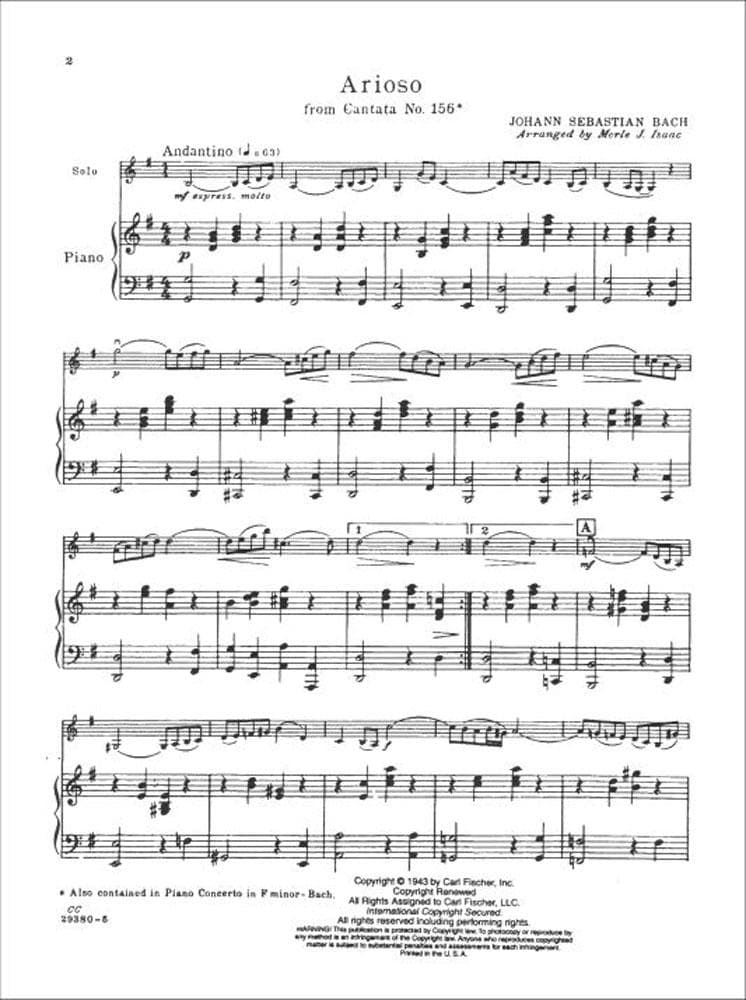 Bach, JS - Arioso from Cantata No 156 for Cello and Piano - Arranged by Isaac - Fischer Edition - Image 2
