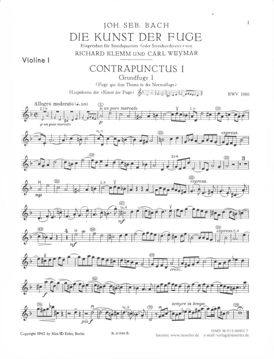 Bach, JS - Art of The Fugue BWV 1080 - Set of Parts - Arranged by Klemm-Weymar - Fischer Edition - Image 2