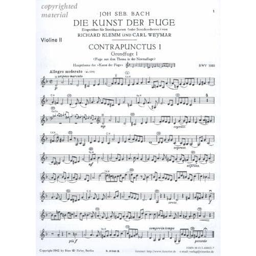 Bach, JS - Art of The Fugue BWV 1080 - Set of Parts - Arranged by Klemm-Weymar - Fischer Edition - Image 3