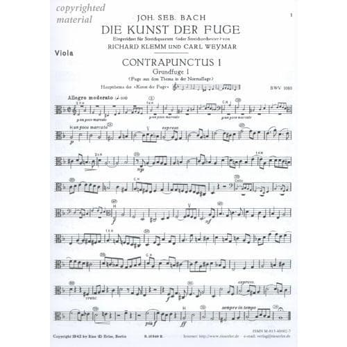 Bach, JS - Art of The Fugue BWV 1080 - Set of Parts - Arranged by Klemm-Weymar - Fischer Edition - Image 4
