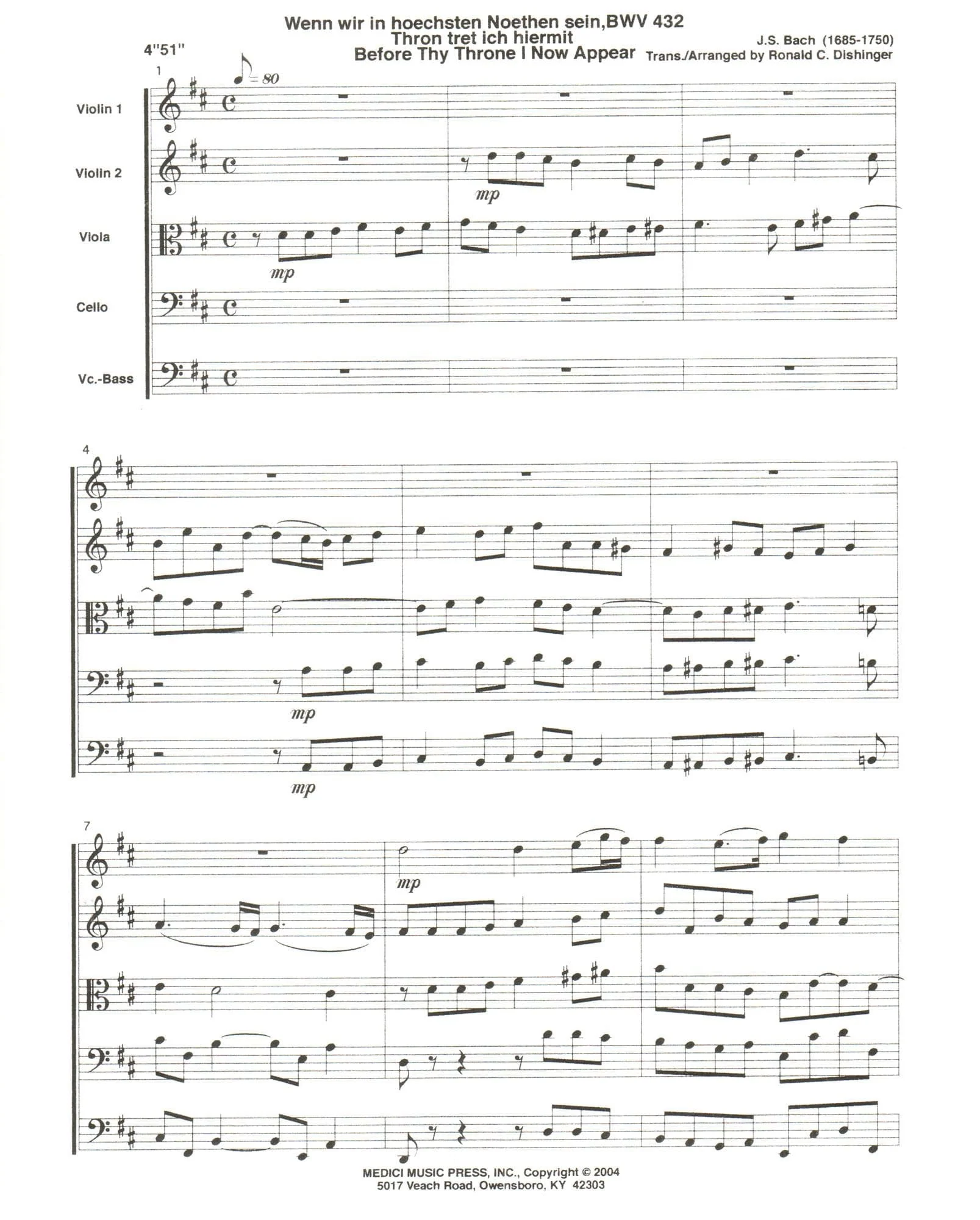 Bach, J.S. - Before Thy Throne I Now Appear, BWV 432 - for String Quintet or String Orchestra - arranged by Dishinger - Medici Music Press - Image 2