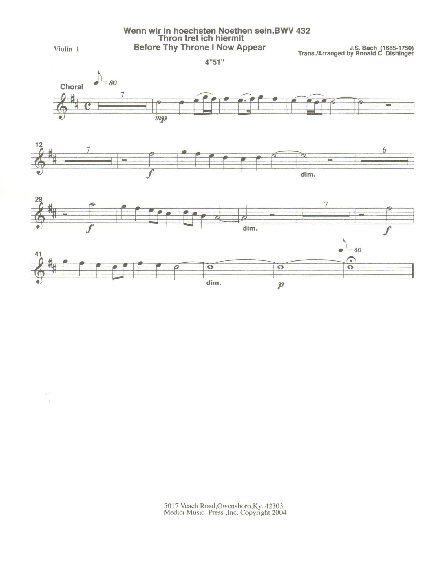 Bach, J.S. - Before Thy Throne I Now Appear, BWV 432 - for String Quintet or String Orchestra - arranged by Dishinger - Medici Music Press - Image 3