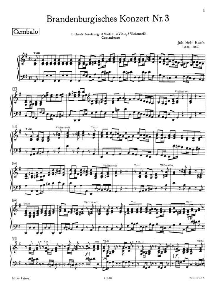 Bach, JS - Brandenburg Concerto No 3 BWV 1048 for Piano - Peters Edition - Image 2