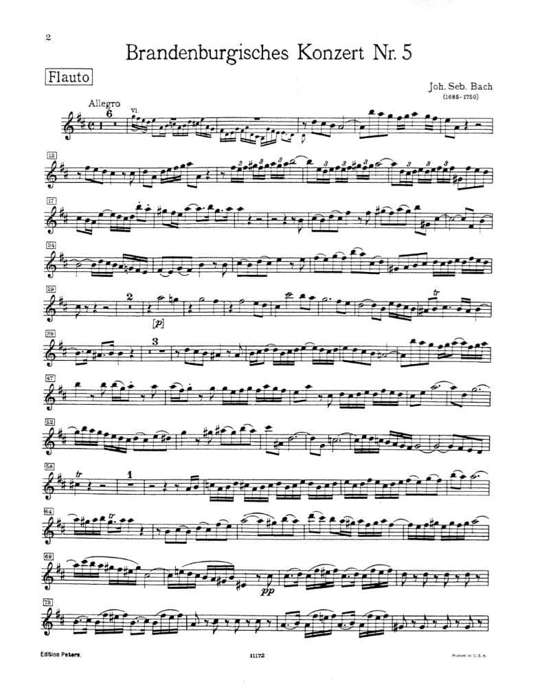 Bach, JS - Brandenburg Concerto No. 5, BWV 1050 - Flute Part - Peters Edition - Image 2