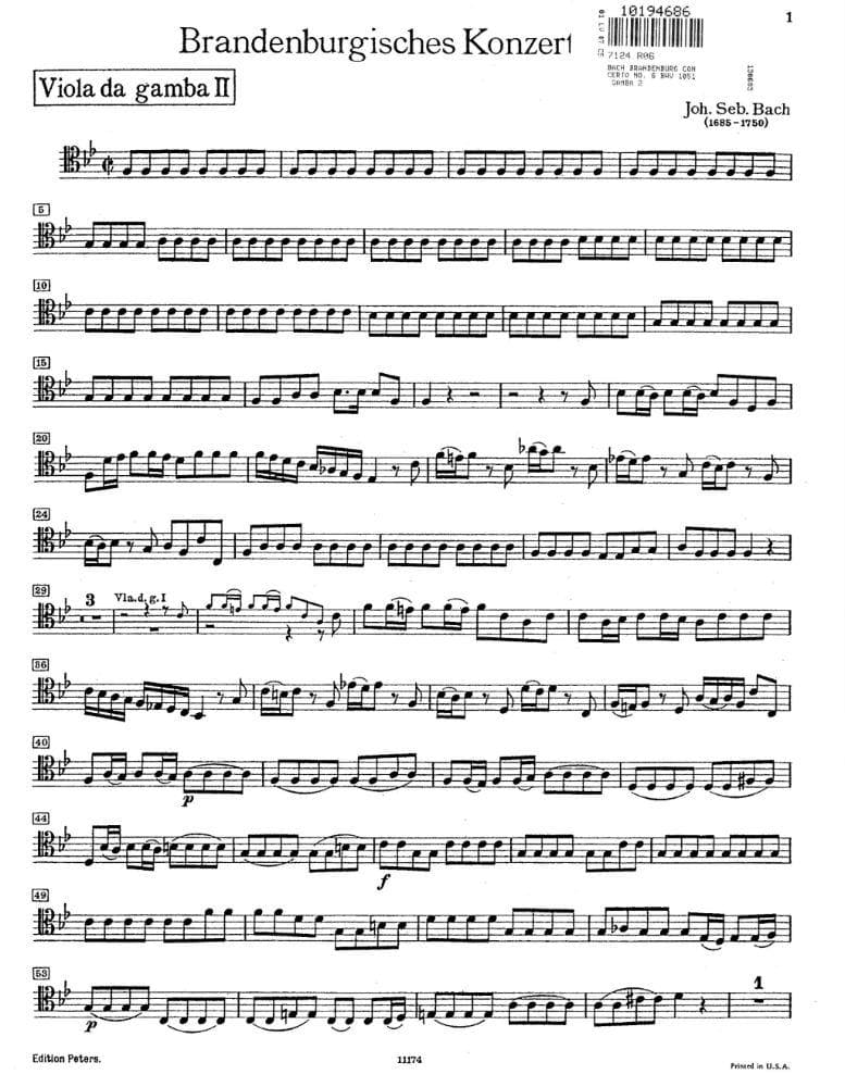 Bach, JS - Brandenburg Concerto No 6 BWV 1051 for 2nd Viola da Gamba - Peters Edition