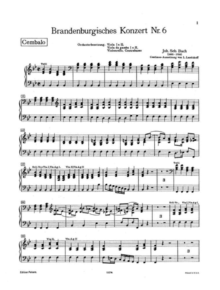 Bach, JS - Brandenburg Concerto No 6 BWV 1051 for Piano - Peters Edition - Image 2