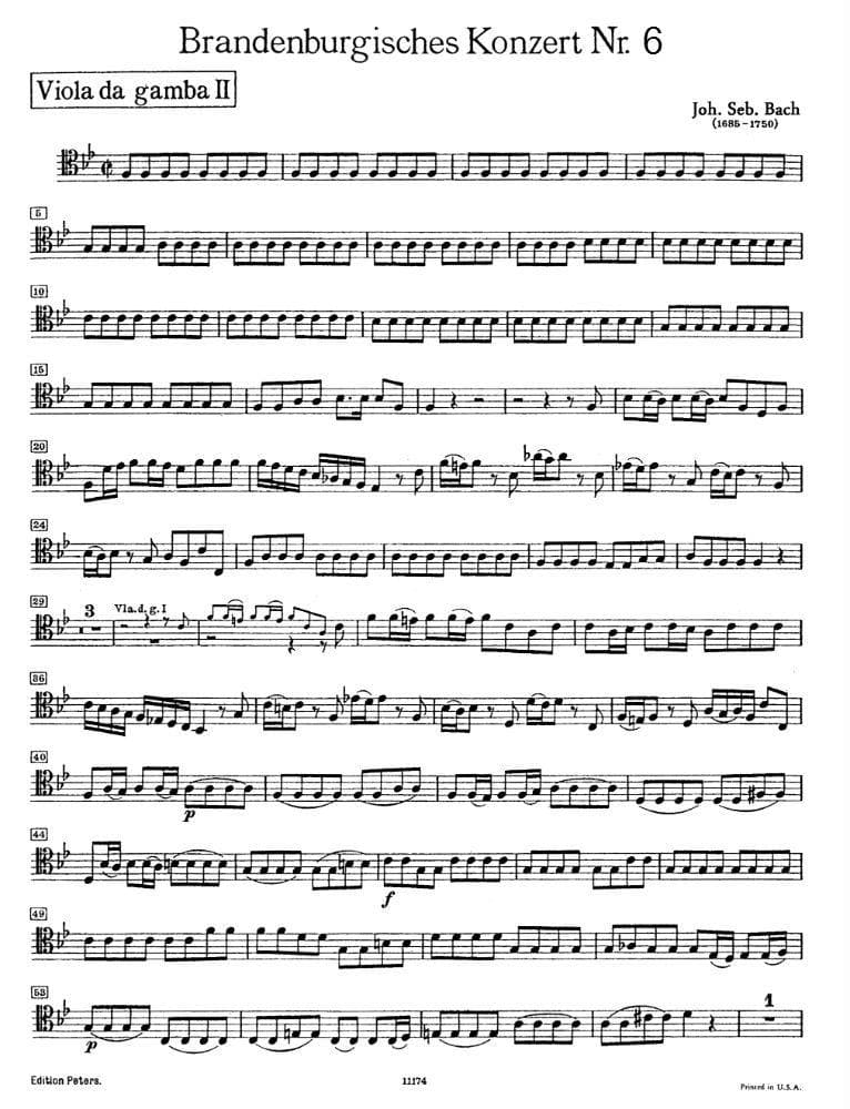 Bach, JS - Brandenburg Concerto No 6, BWV 1051 for 2nd Viola De Gamba - Peters Edition