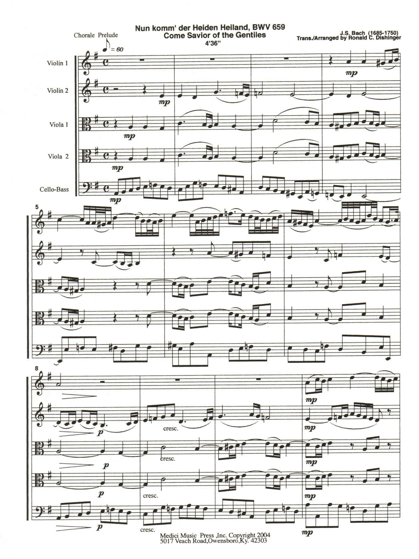 Bach, J.S. - Come Savior of the Gentiles (BWV 659) - for String Quintet or Orchestra - arranged by Dishinger - Medici Music Press - Image 2