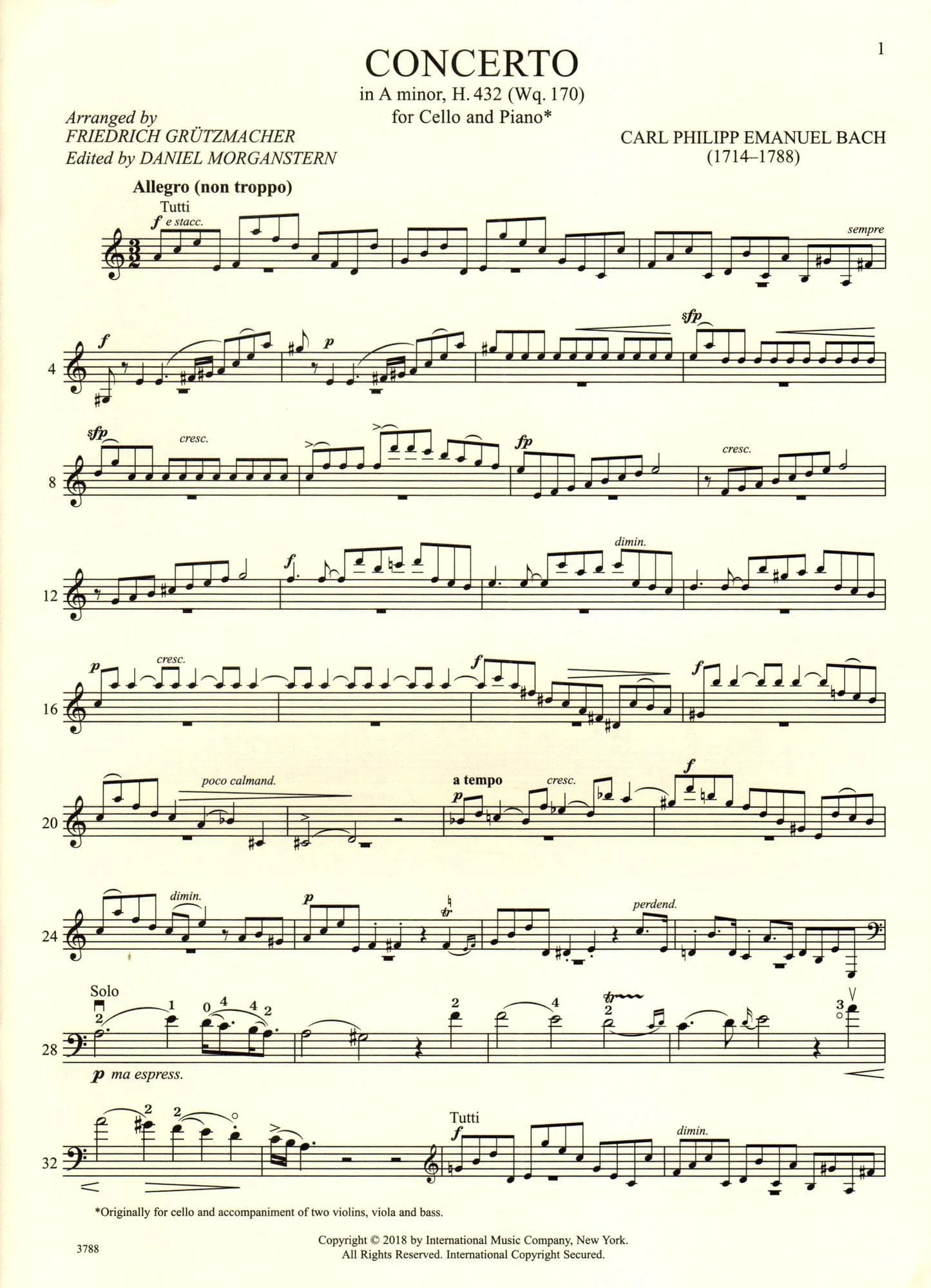 Bach, C.P.E. - Concerto in A minor, H. 432 (Wq. 170) - Cello and Piano - edited by Grutzmacher/Morganstern - International Edition - Image 2