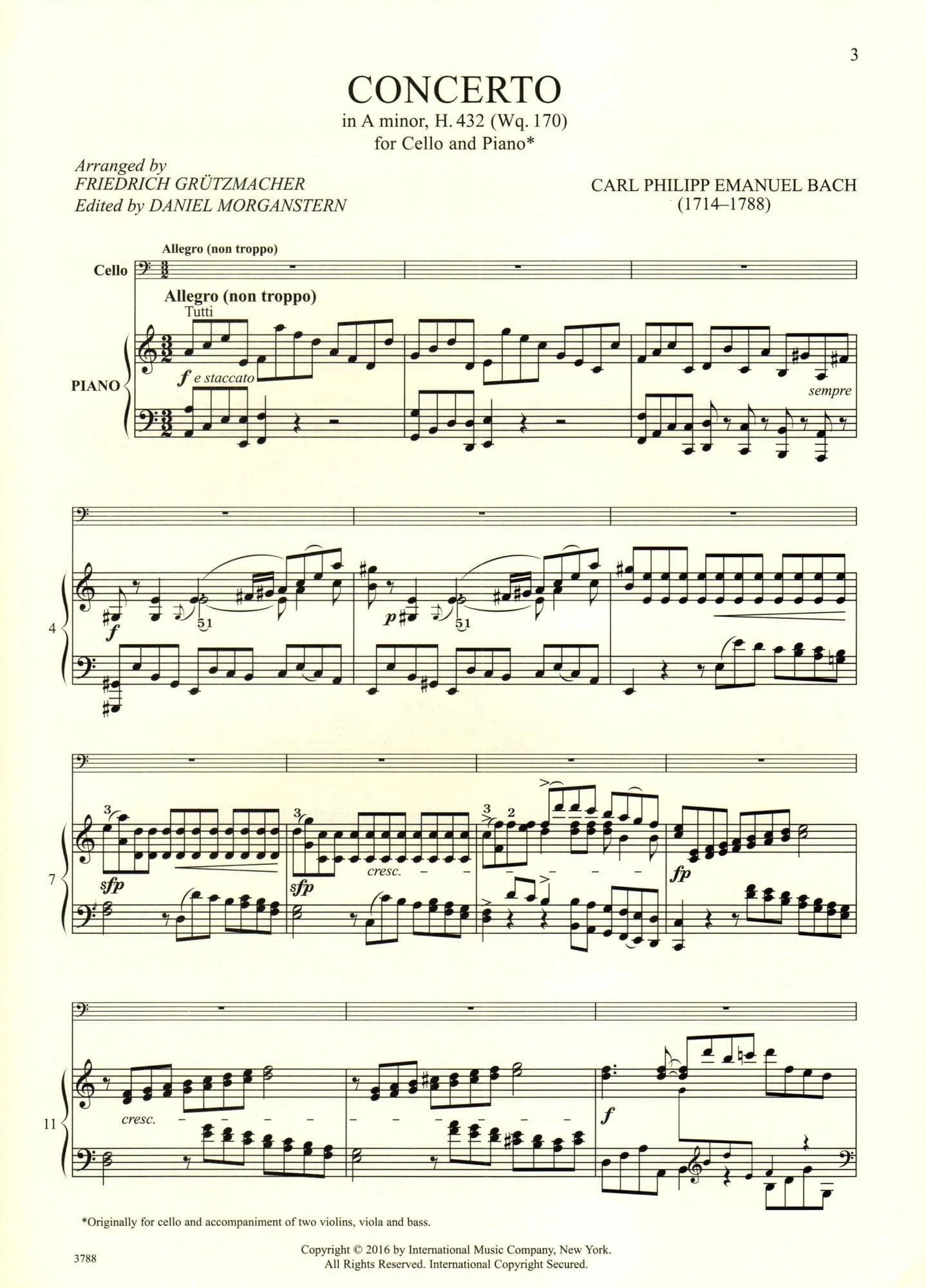 Bach, C.P.E. - Concerto in A minor, H. 432 (Wq. 170) - Cello and Piano - edited by Grutzmacher/Morganstern - International Edition - Image 3