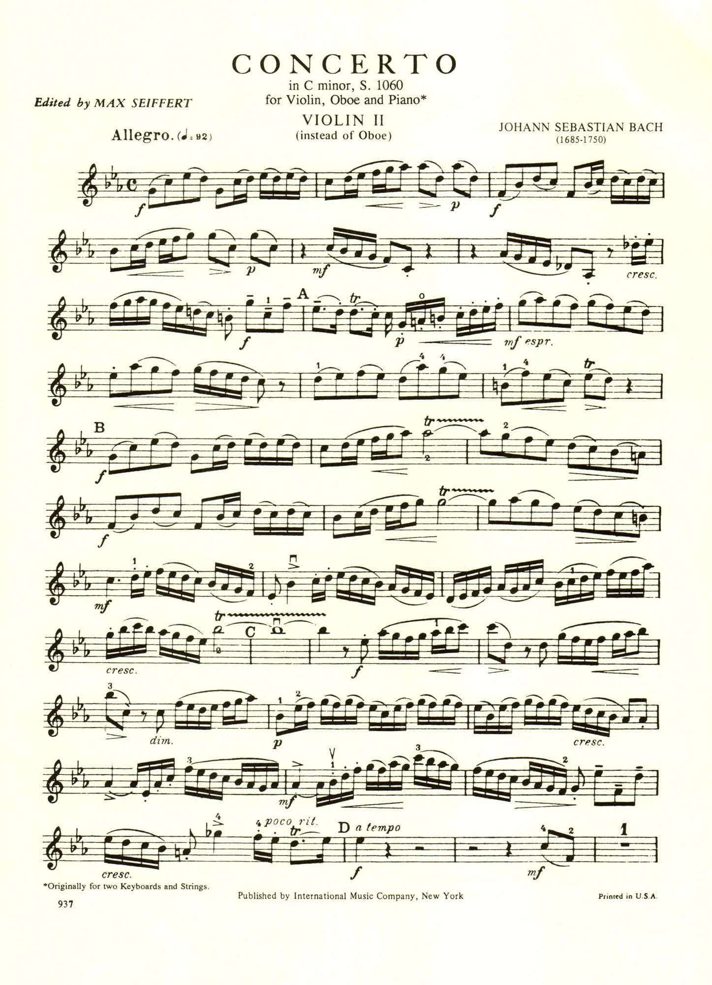 Bach, JS - Concerto in c minor, BWV 1060R - Violin, Oboe, and Piano / Two Violins and Piano - edited by Max Seiffert - International Music Company - Image 4