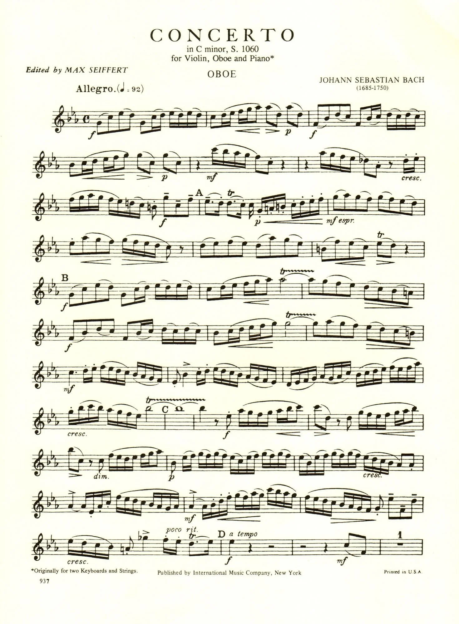 Bach, JS - Concerto in c minor, BWV 1060R - Violin, Oboe, and Piano / Two Violins and Piano - edited by Max Seiffert - International Music Company - Image 5