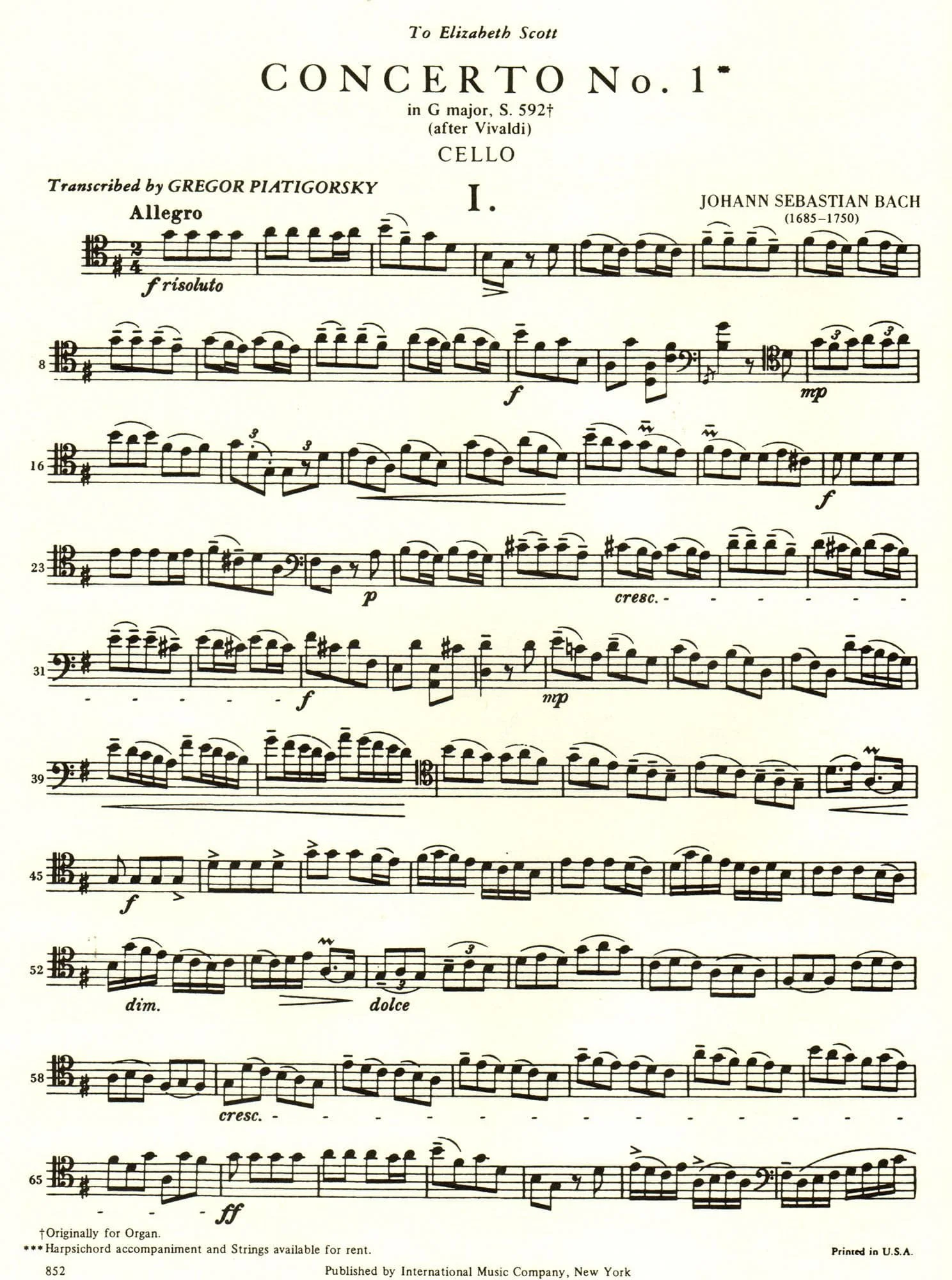 Bach, JS - Concerto No 1 in G Major BWV 592 for Cello and Piano - Arranged by Piatigorsky - International Edition - Image 2