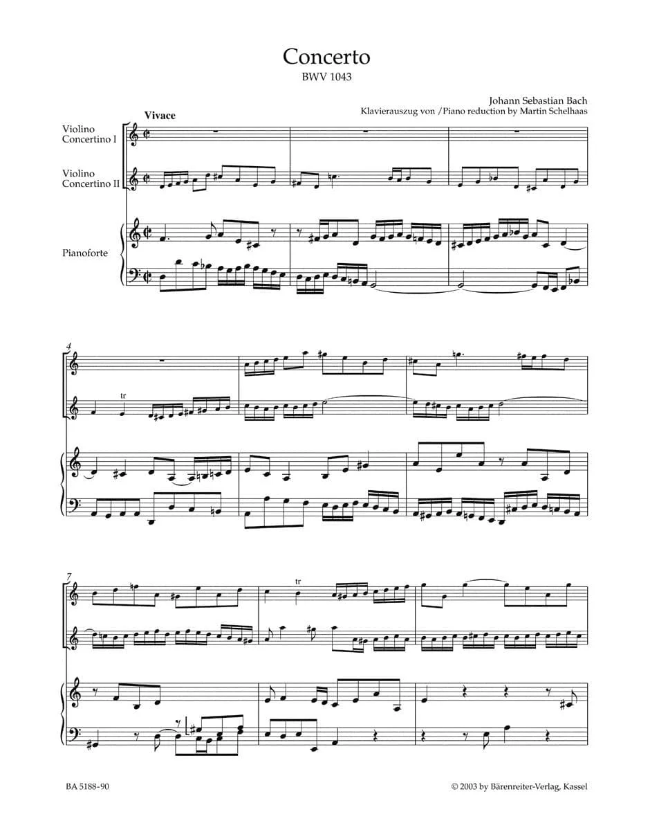 Bach, JS - Double Concerto in d minor, BWV 1043 - Two Violins and Piano - edited by Kilian - Bärenreiter Verlag URTEXT - Image 2