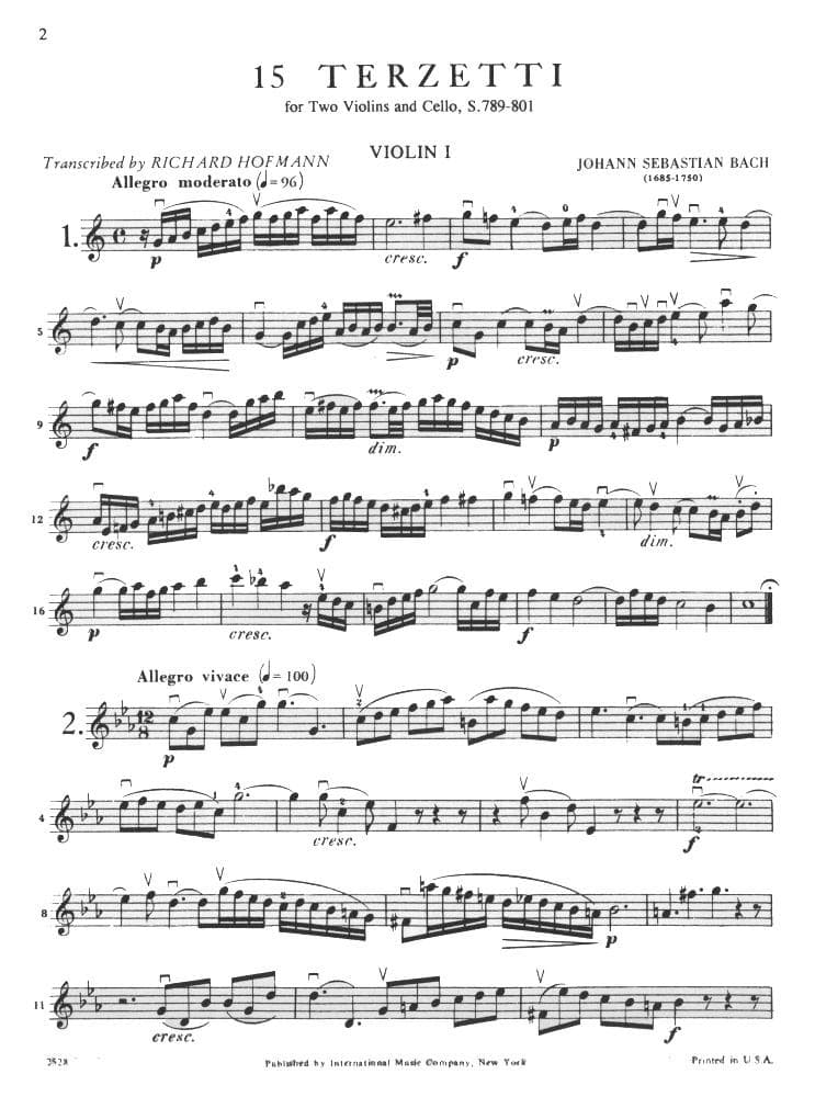 Bach, JS - 15 Three Part Inventions BWV 787801 for Two Violins and Cello - Arranged by Hofmann - International Edition - Image 2