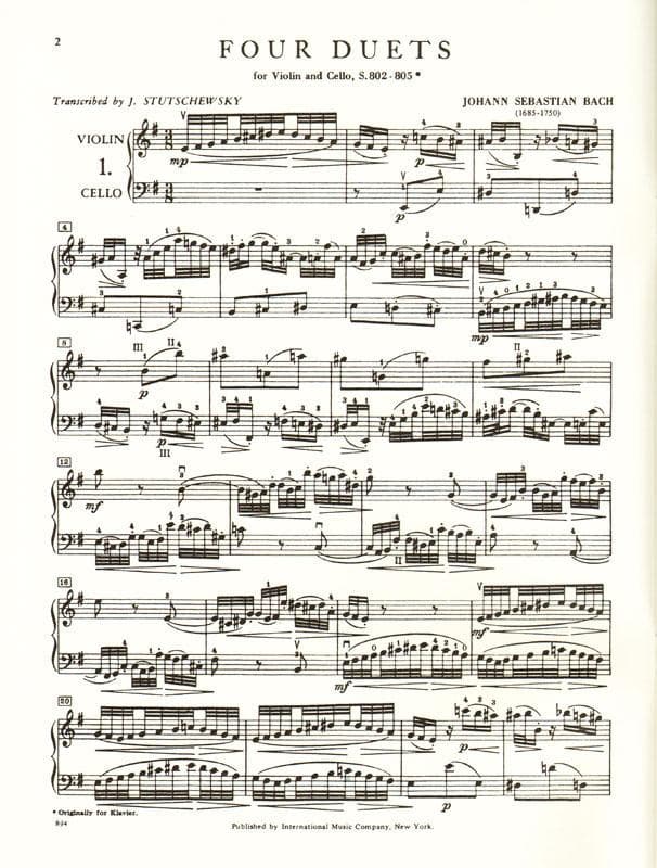 Bach, JS - 4 Duets BWV 802 805 for Violin and Cello - Arranged by Stutschewsky - International Edition - Image 2