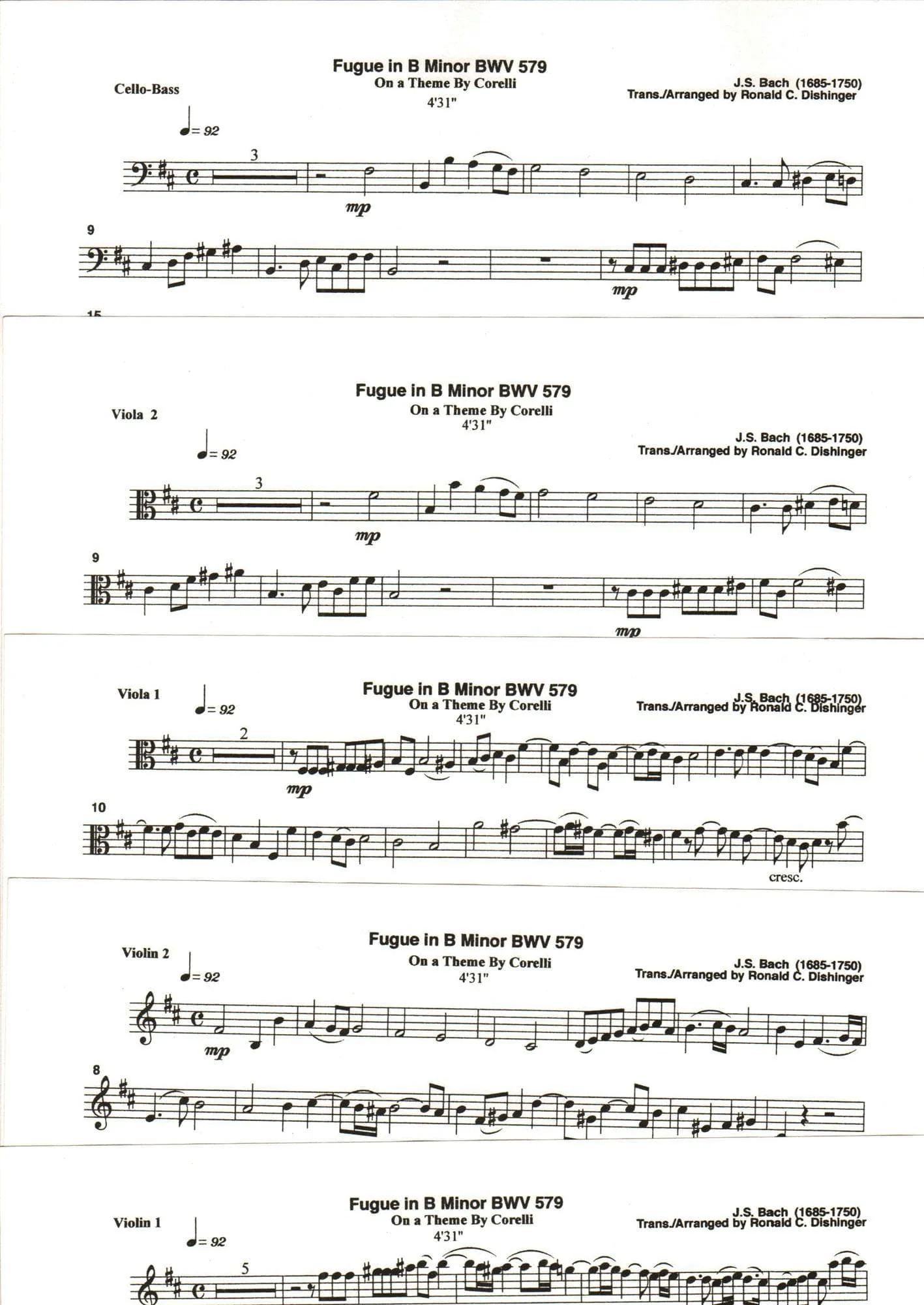 Bach, J.S. - Fugue in B Minor on a Theme of A. Corelli (BWV 579) - for String Quintet - arranged by Dishinger - Medici Music Press - Image 2