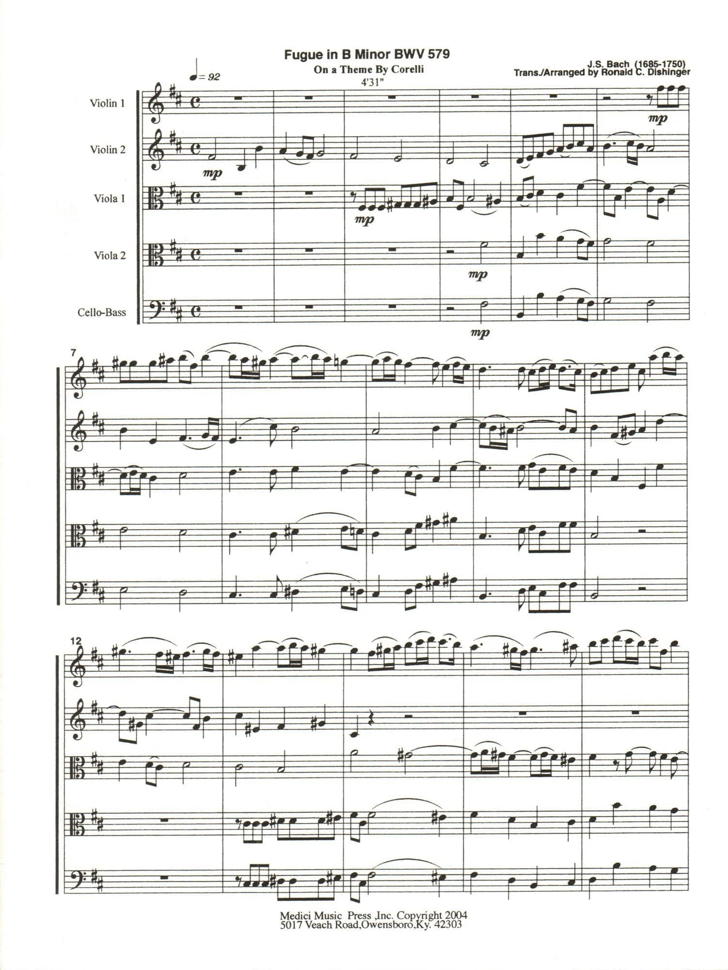 Bach, J.S. - Fugue in B Minor on a Theme of A. Corelli (BWV 579) - for String Quintet - arranged by Dishinger - Medici Music Press - Image 3