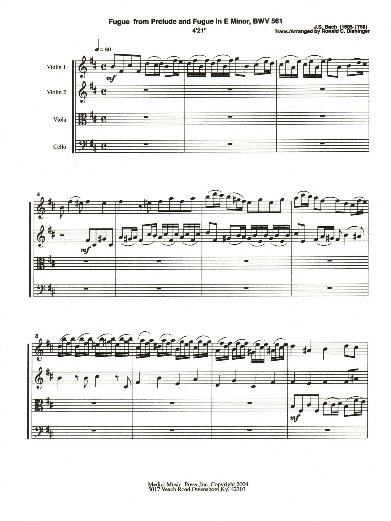 Bach, J.S. - Fugue from Fantasy and Fugue in A Minor (BWV 561) - for String Quartet - arranged by Dishinger - Medici Music Press - Image 2