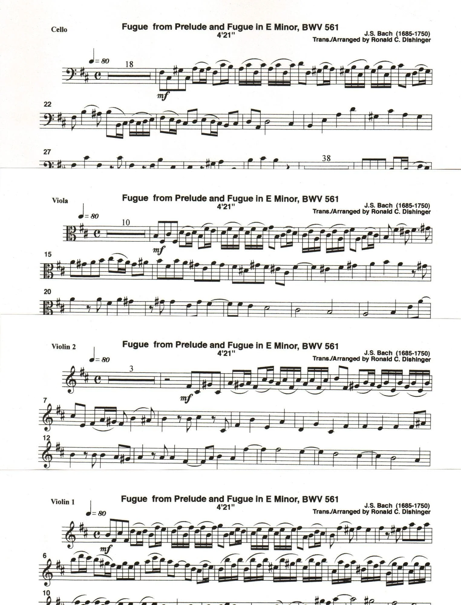 Bach, J.S. - Fugue from Fantasy and Fugue in A Minor (BWV 561) - for String Quartet - arranged by Dishinger - Medici Music Press - Image 3