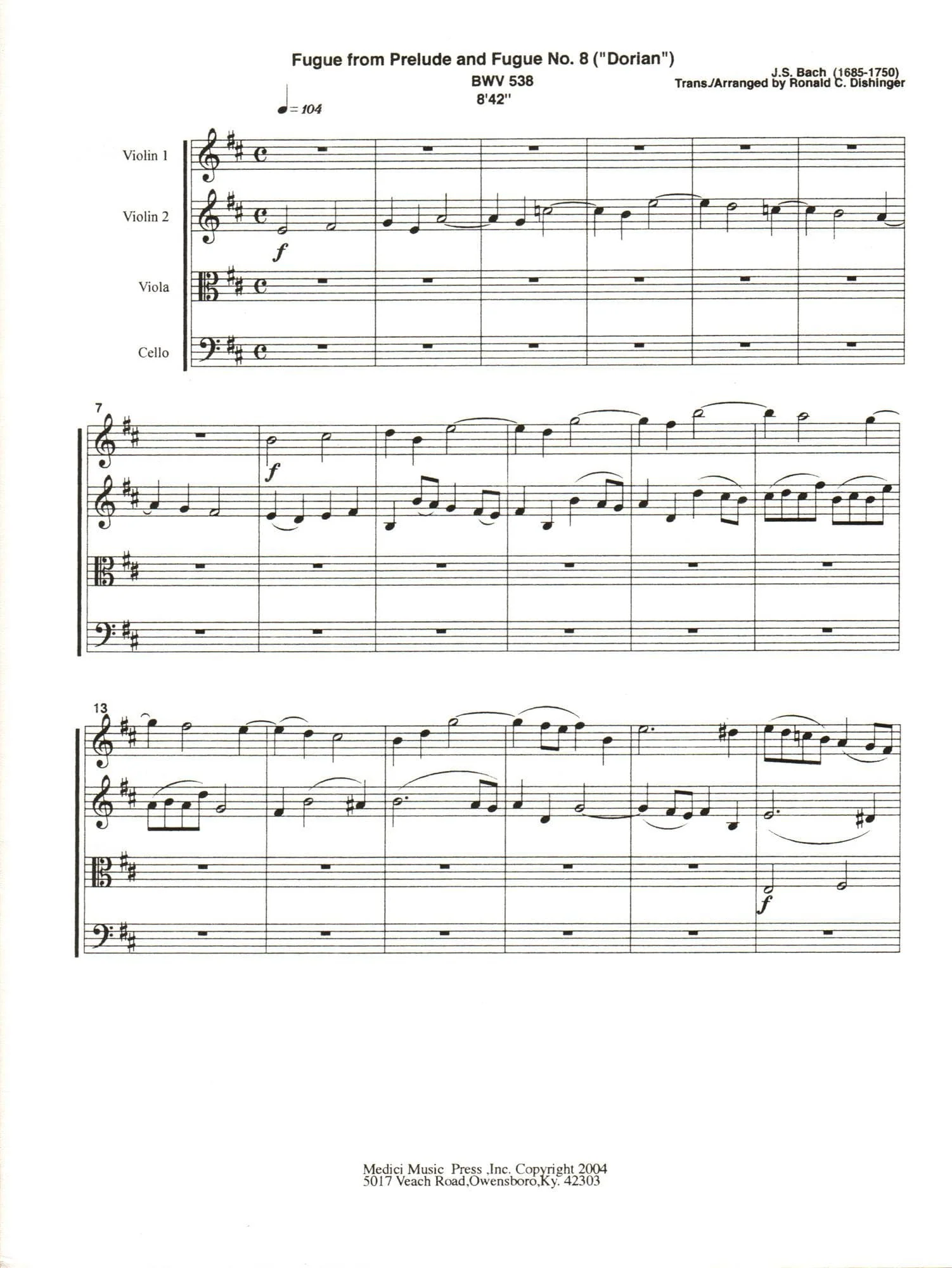 Bach, J.S. - Fugue from Prelude and Fugue (Dorian), BWV 538 - for String Quartet - arranged by Dishinger - Medici Music Press - Image 2