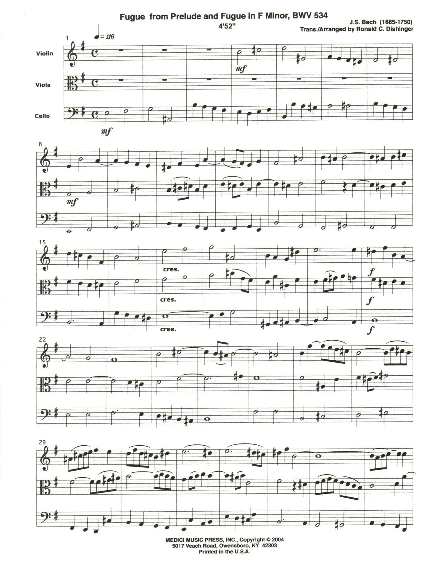 Bach, J.S. - Fugue from Prelude and Fugue (BWV 534) - for String Trio - arranged by Dishinger - Medici Music Press - Image 2