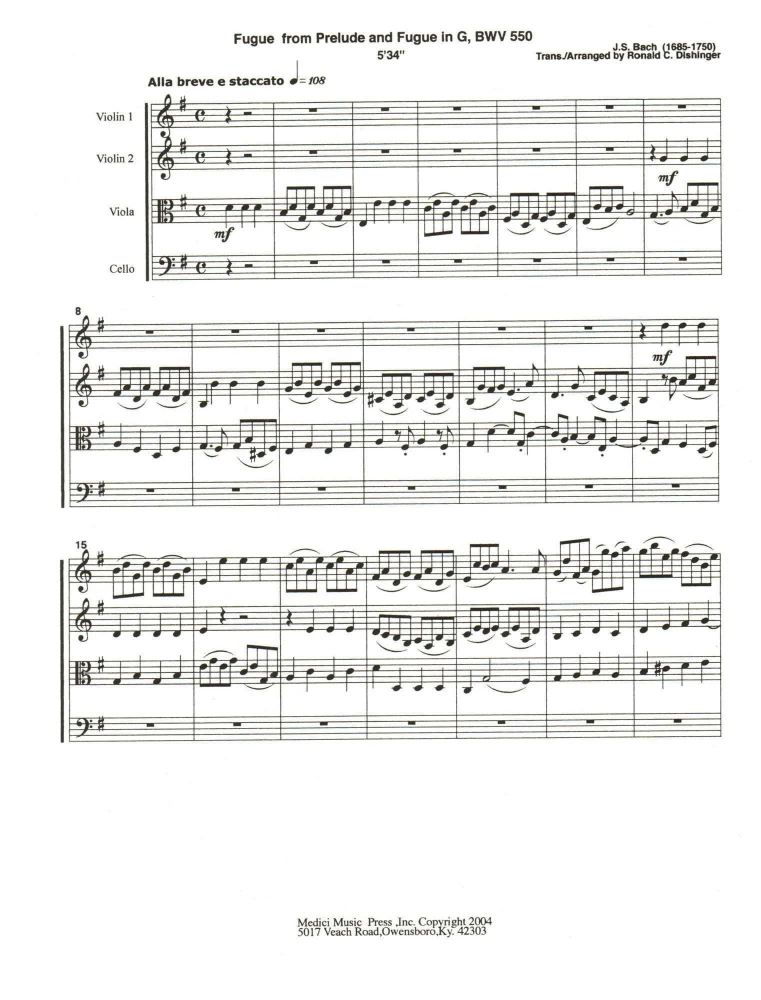 Bach, J.S. - Fugue from Prelude and Fugue in G (BWV 550) - for String Quartet - arranged by Dishinger - Medici Music Press - Image 2