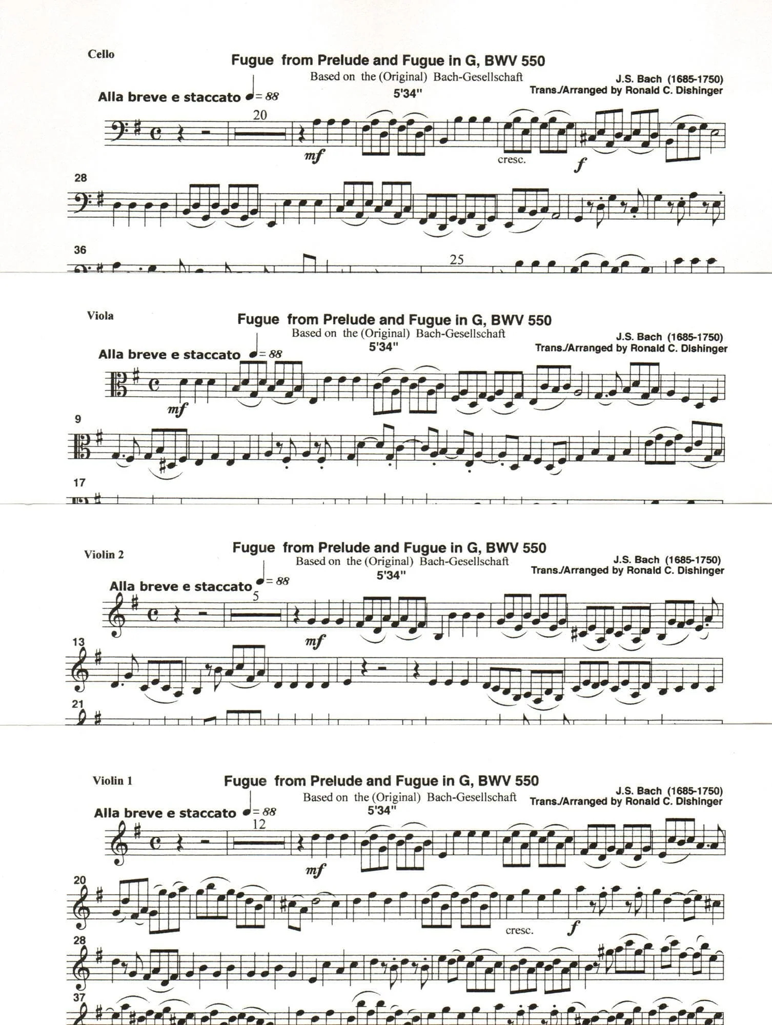 Bach, J.S. - Fugue from Prelude and Fugue in G (BWV 550) - for String Quartet - arranged by Dishinger - Medici Music Press - Image 3