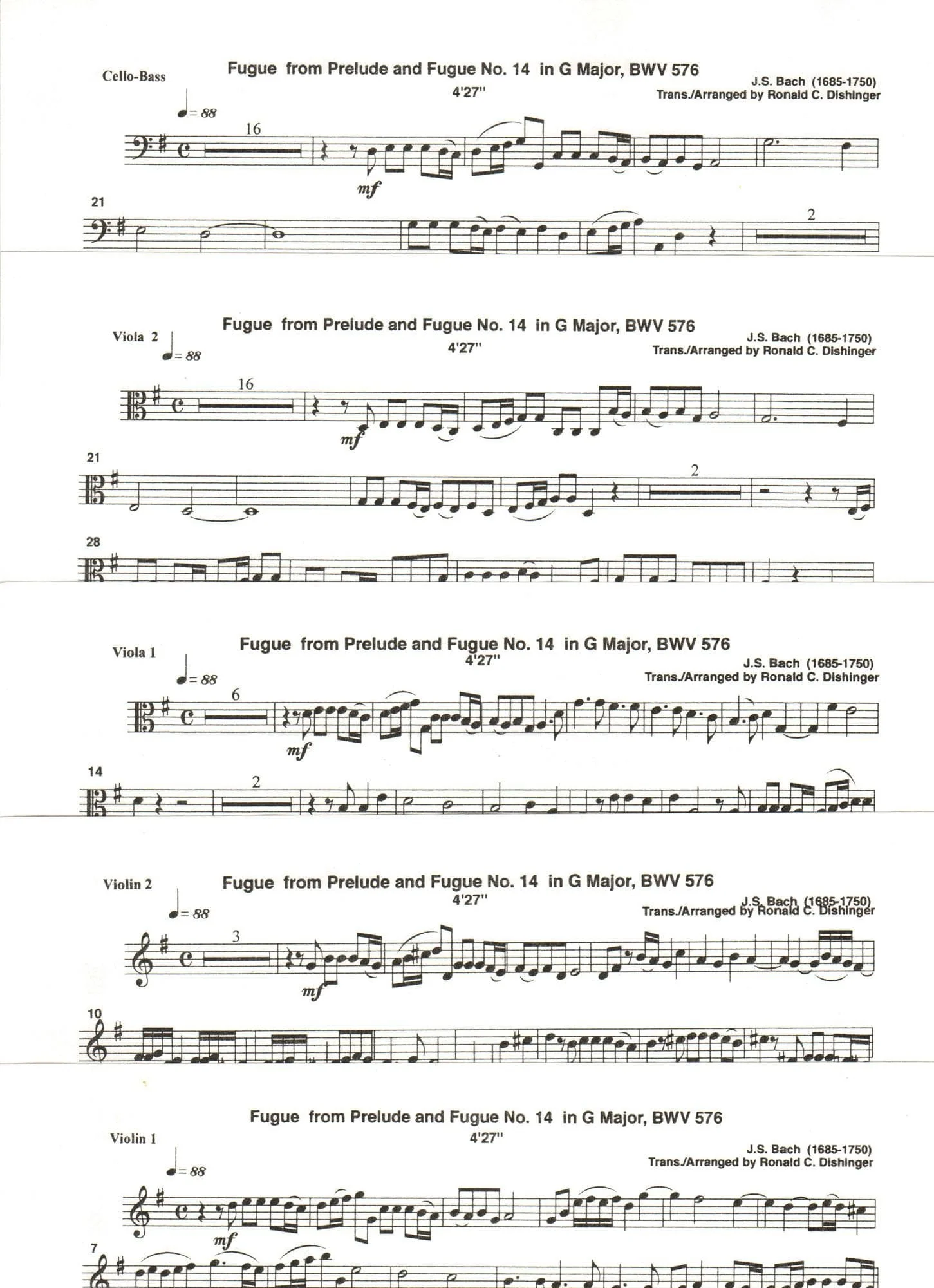 Bach, J.S. - Fugue from Prelude and Fugue in G Major (BWV 576) - for String Quintet - arranged by Dishinger - Medici Music Press - Image 3