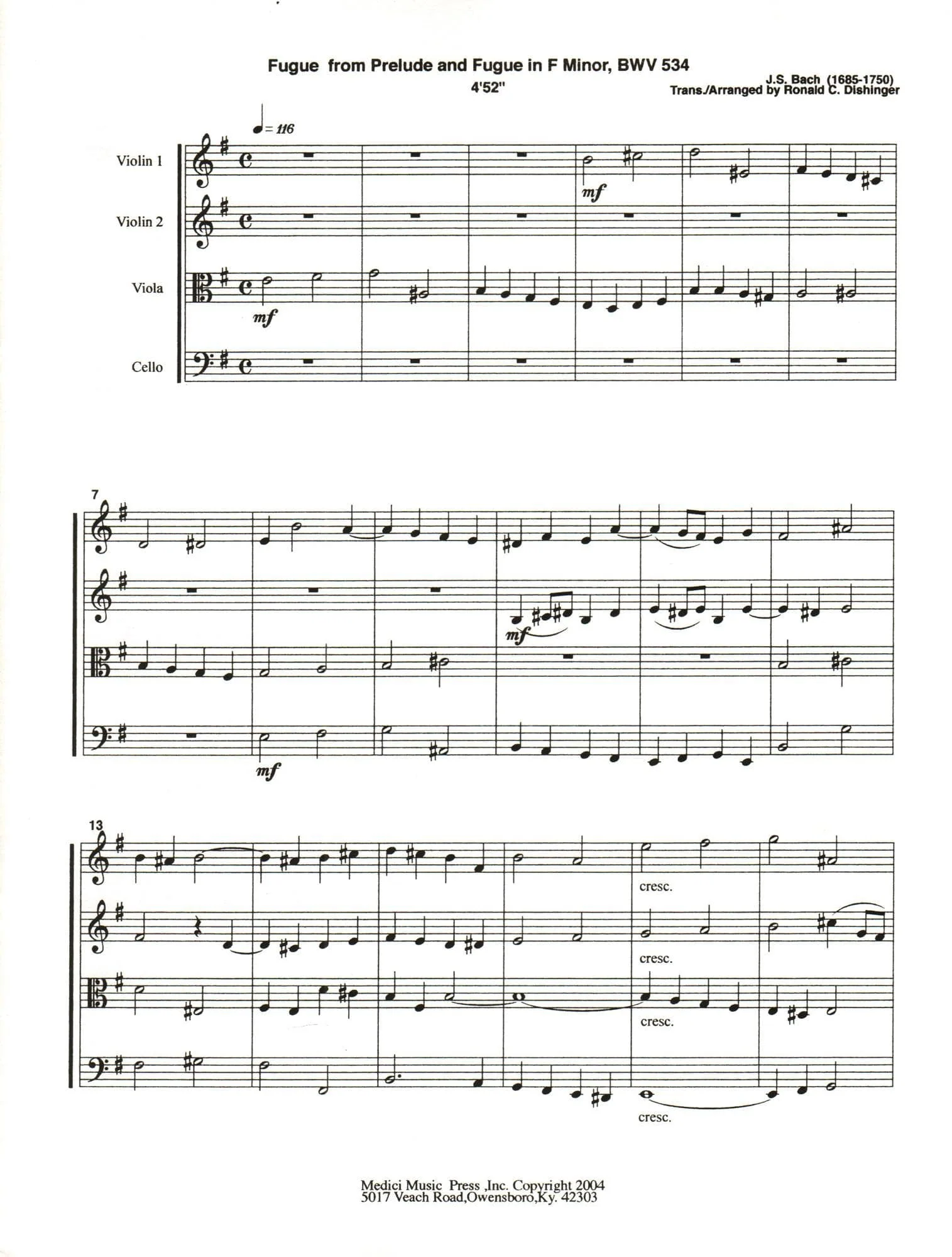 Bach, J.S. - Fugue from Prelude and Fugue (BWV 534) - for String Quartet - arranged by Dishinger - Medici Music Press - Image 2