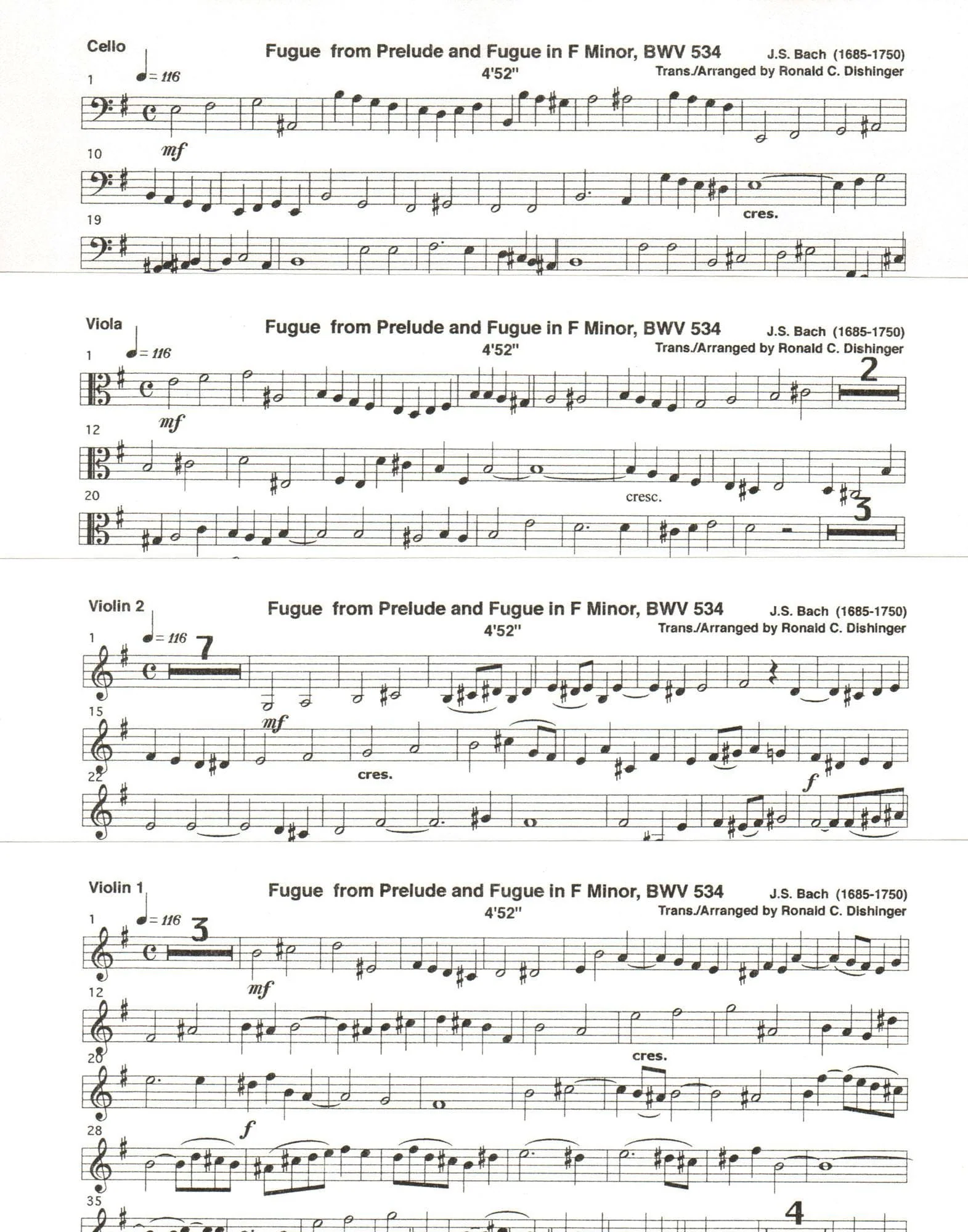 Bach, J.S. - Fugue from Prelude and Fugue (BWV 534) - for String Quartet - arranged by Dishinger - Medici Music Press - Image 3