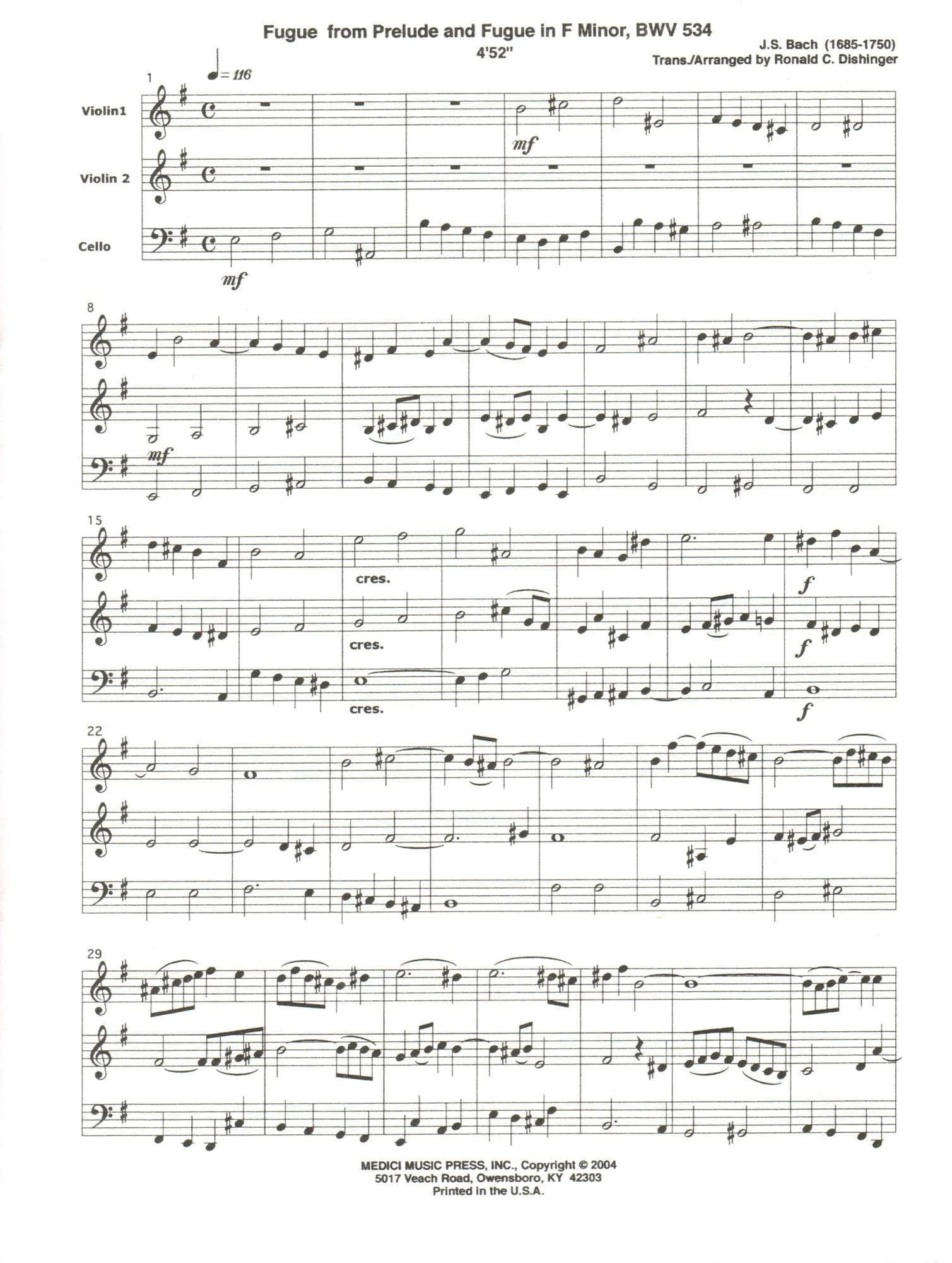 Bach, J.S. - Fugue from Prelude and Fugue (BWV 534) - for Two Violins and Cello - arranged by Dishinger - Medici Music Press - Image 2