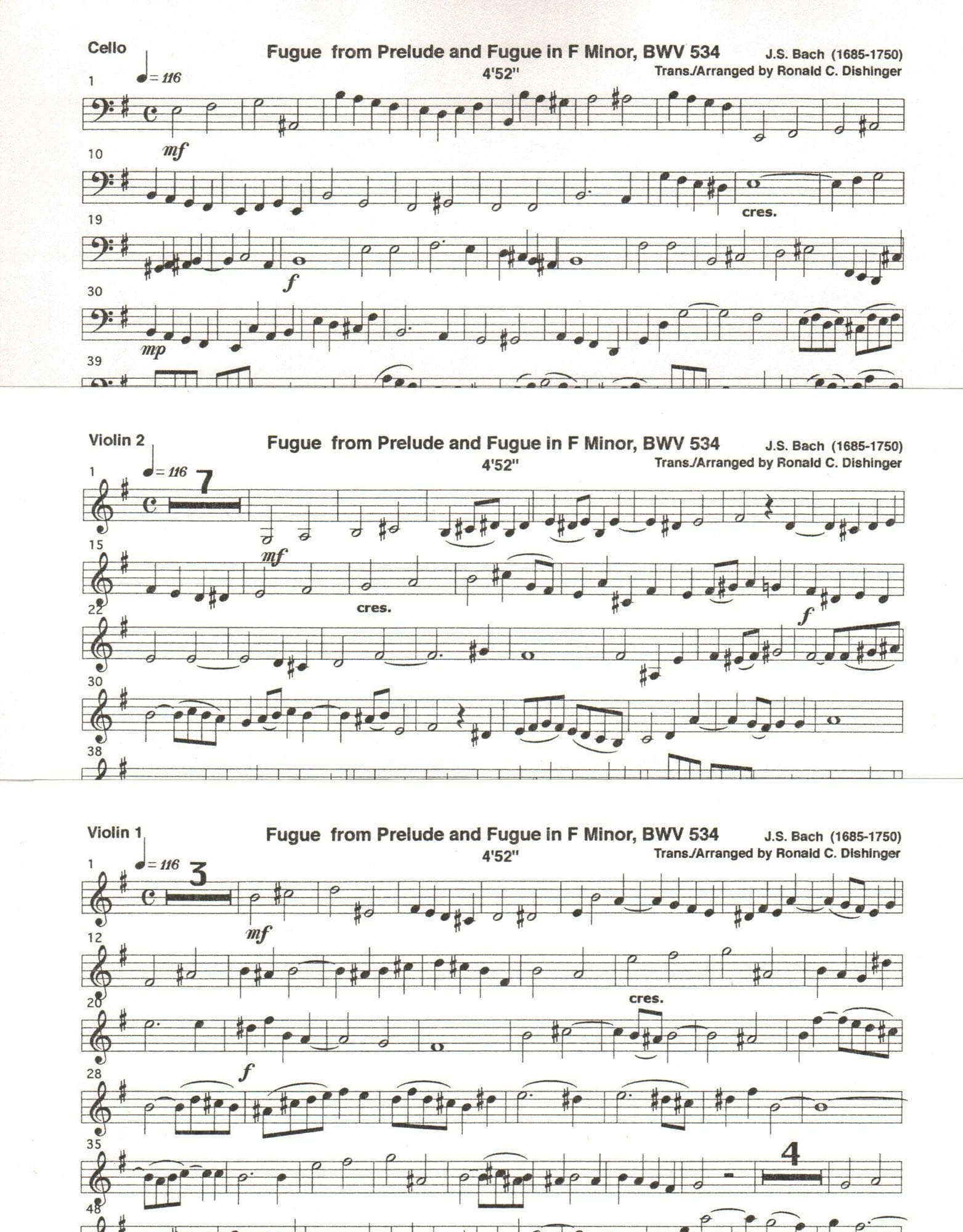 Bach, J.S. - Fugue from Prelude and Fugue (BWV 534) - for Two Violins and Cello - arranged by Dishinger - Medici Music Press - Image 3