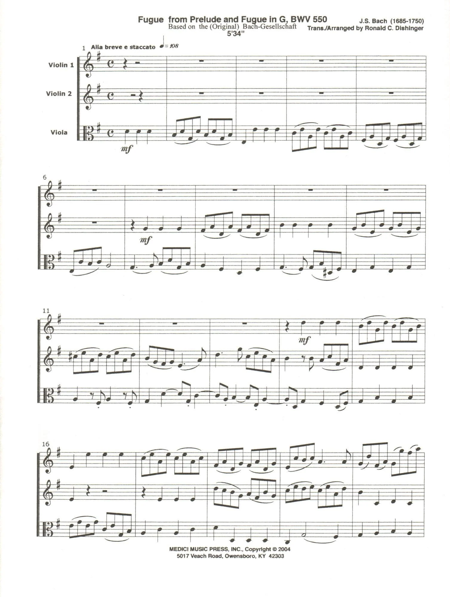 Bach, J.S. - Fugue from Prelude and Fugue in G (BWV 550) - for Two Violins and Viola - arranged by Dishinger - Medici Music Press - Image 2