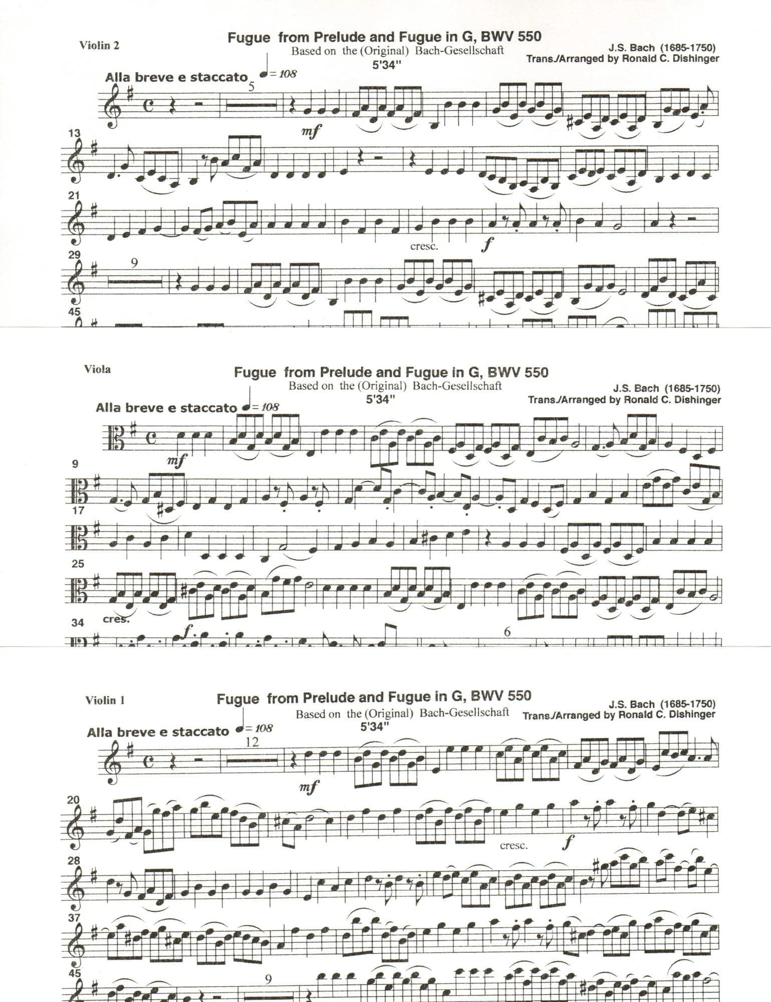 Bach, J.S. - Fugue from Prelude and Fugue in G (BWV 550) - for Two Violins and Viola - arranged by Dishinger - Medici Music Press - Image 3