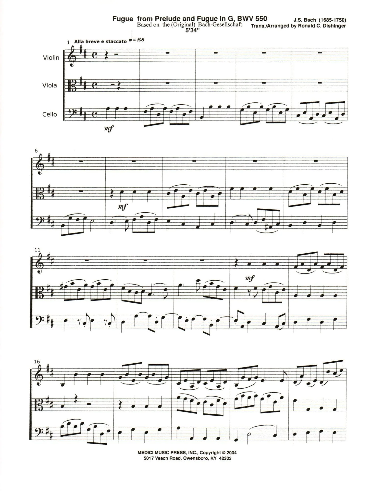 Bach, J.S. - Fugue from Prelude and Fugue in G (BWV 550) - for String Trio - arranged by Dishinger - Medici Music Press - Image 2