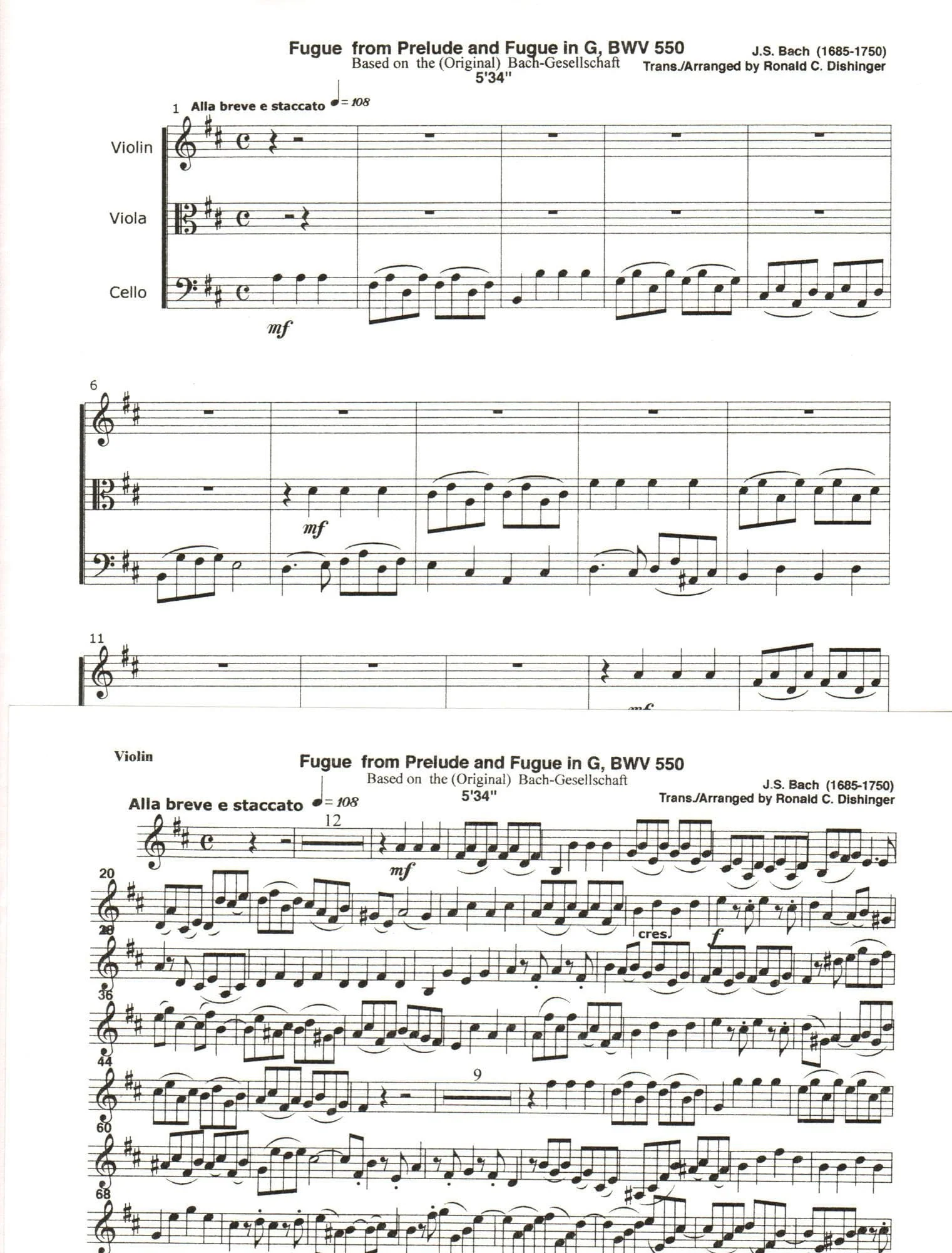 Bach, J.S. - Fugue from Prelude and Fugue in G (BWV 550) - for String Trio - arranged by Dishinger - Medici Music Press - Image 3