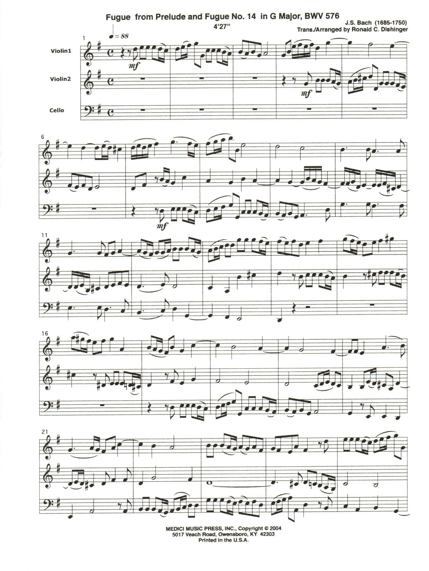 Bach, J.S. - Fugue from Prelude and Fugue in G Major (BWV 576) - for Two Violins and Cello - arranged by Dishinger - Medici Music Press - Image 2