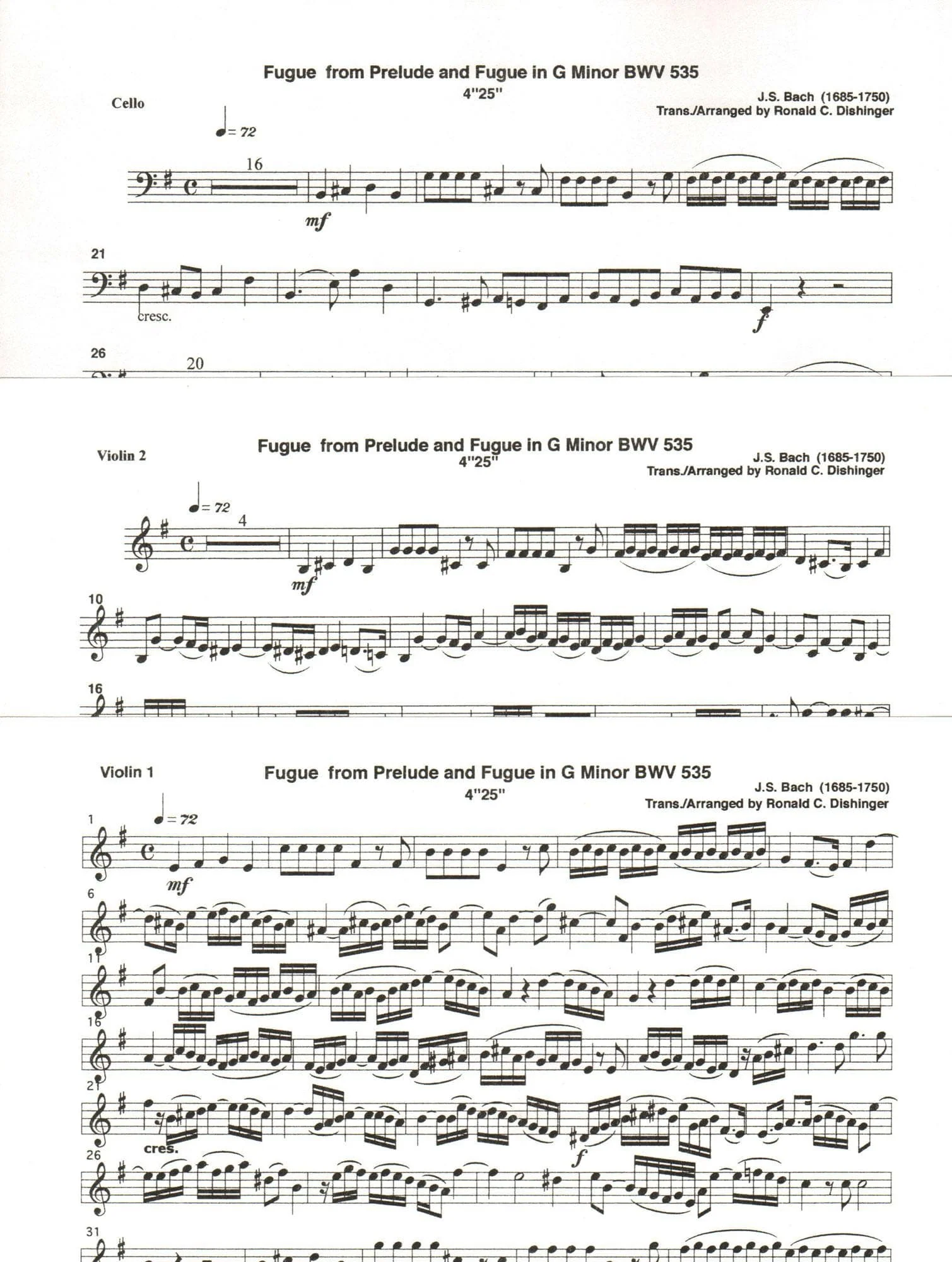 Bach, J.S. - Fugue from Prelude and Fugue (BWV 535) - for Two Violins and Cello - arranged by Dishinger - Medici Music Press - Image 3