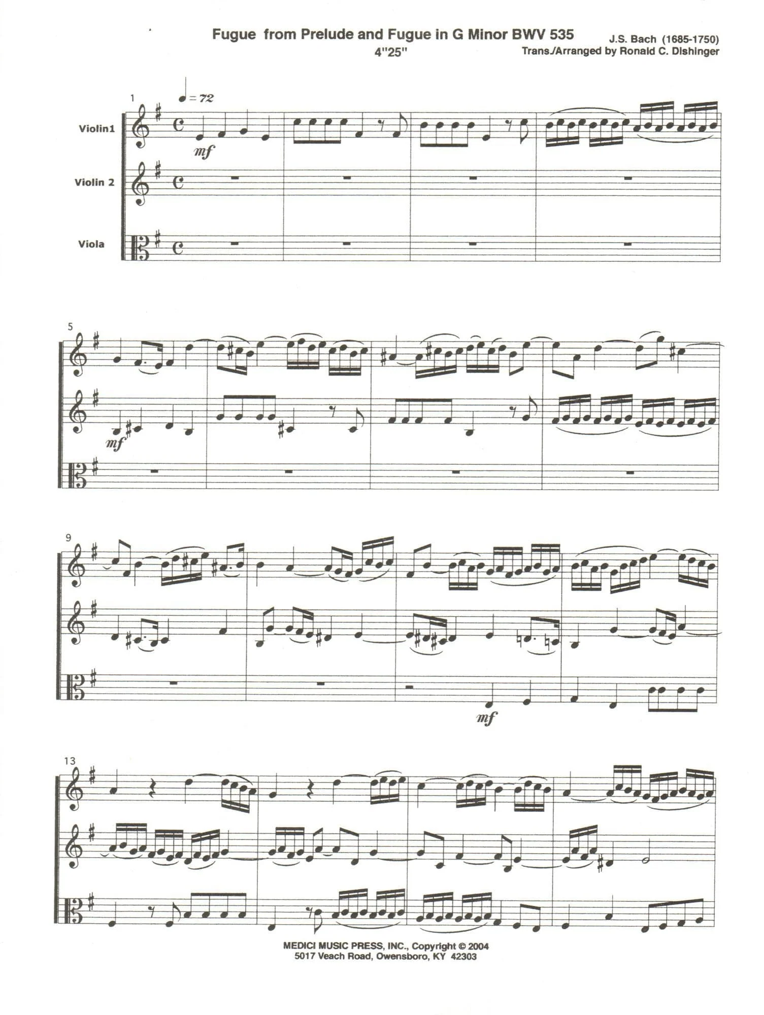 Bach, J.S. - Fugue from Prelude and Fugue (BWV 535) - for Two Violins and Viola - arranged by Dishinger - Medici Music Press - Image 2