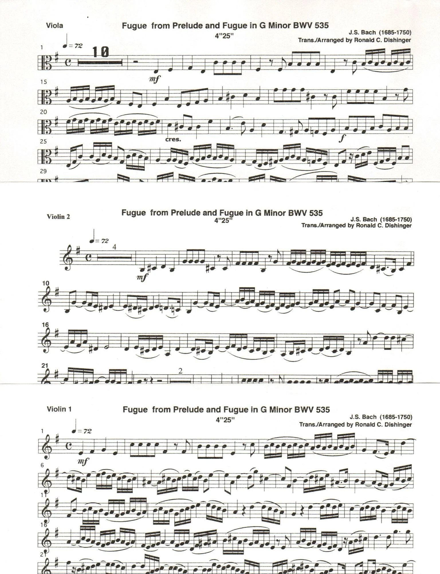 Bach, J.S. - Fugue from Prelude and Fugue (BWV 535) - for Two Violins and Viola - arranged by Dishinger - Medici Music Press - Image 3