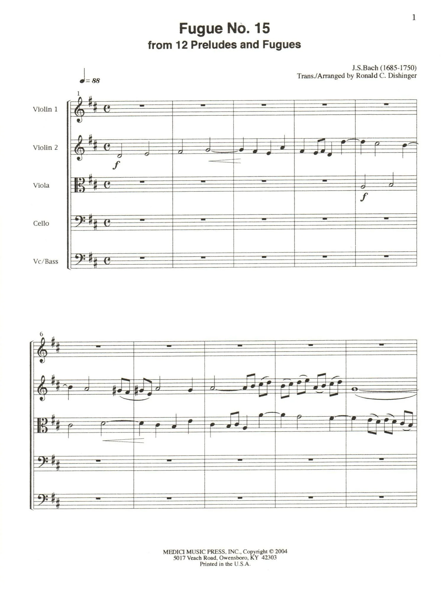 Bach, J.S. - Fugue No. 15 from 12 Preludes and Fugues - for String Quintet or Orchestra - arranged by Dishinger - Medici Music Press - Image 2